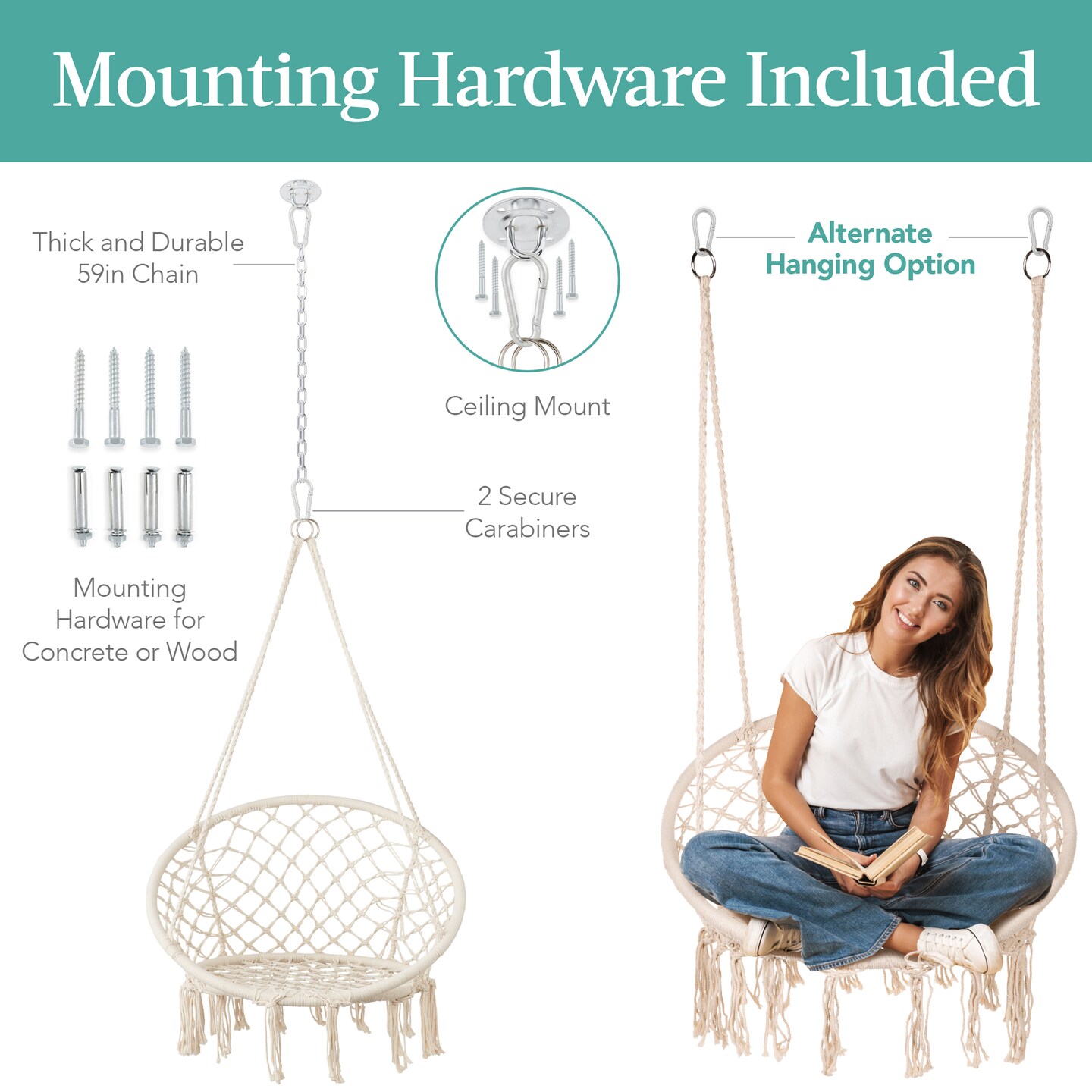 Best Choice Products Handwoven Cotton Macram&#xE9; Hammock Hanging Chair Swing for Indoor &#x26; Outdoor Use w/ Backrest