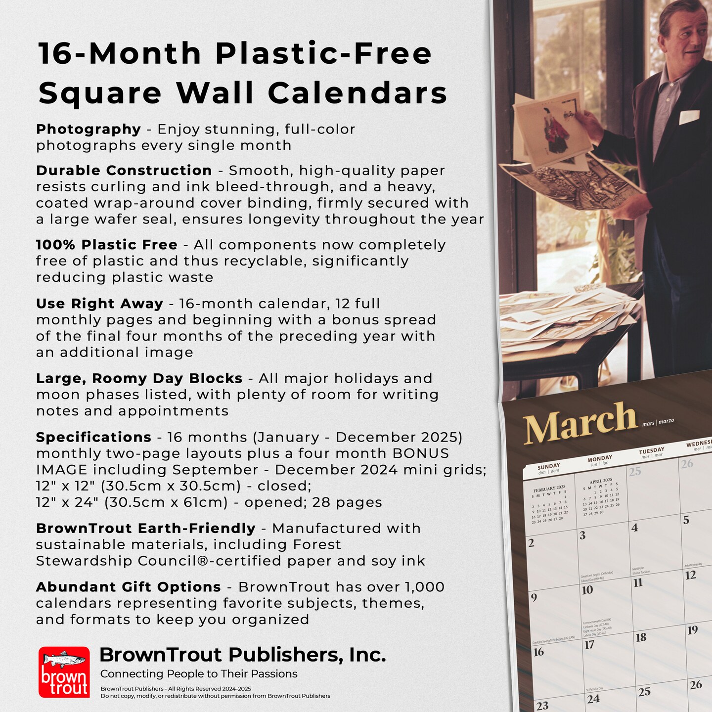 John Wayne OFFICIAL | 2025 12 x 24 Inch Monthly Square Wall Calendar | Foil Stamped Cover | Plastic-Free | BrownTrout | USA American Actor Celebrity Duke