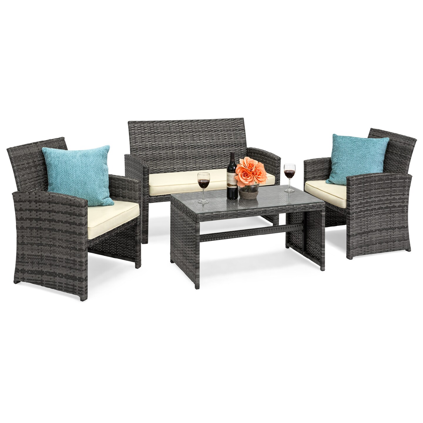 Best Choice Products 4-Piece Outdoor Wicker Patio Conversation Furniture Set w/ Table, Cushions