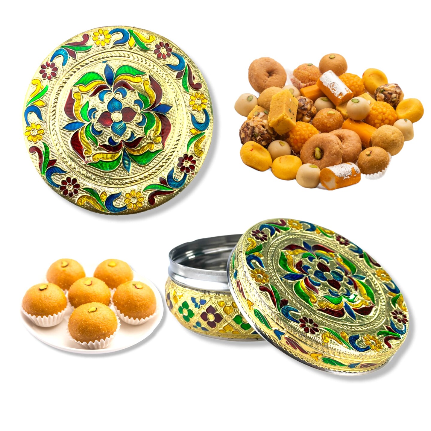 4 Ct Meenakari Stainless Steel Box Decorative Small Round Cookie Tin Indian Wedding Favor Container Dabba for Sweets Laddu Dryfruit Chocolate Multipurpose Storage Box - Housewarming Gift