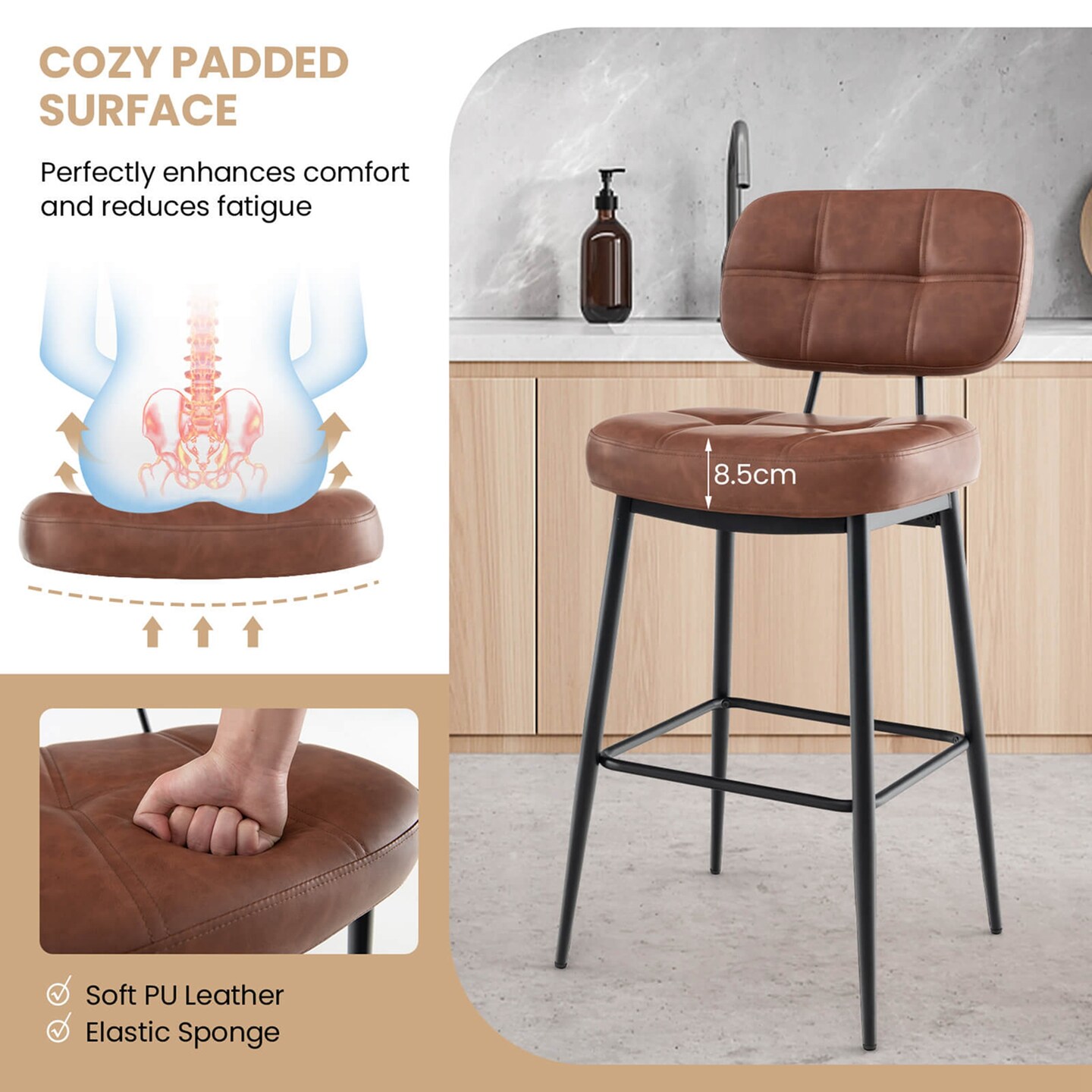 Costway Set of 2/4 Bar Stools with Padded Seat Footrest &#x26; Metal Legs PU Leather for Kitchen