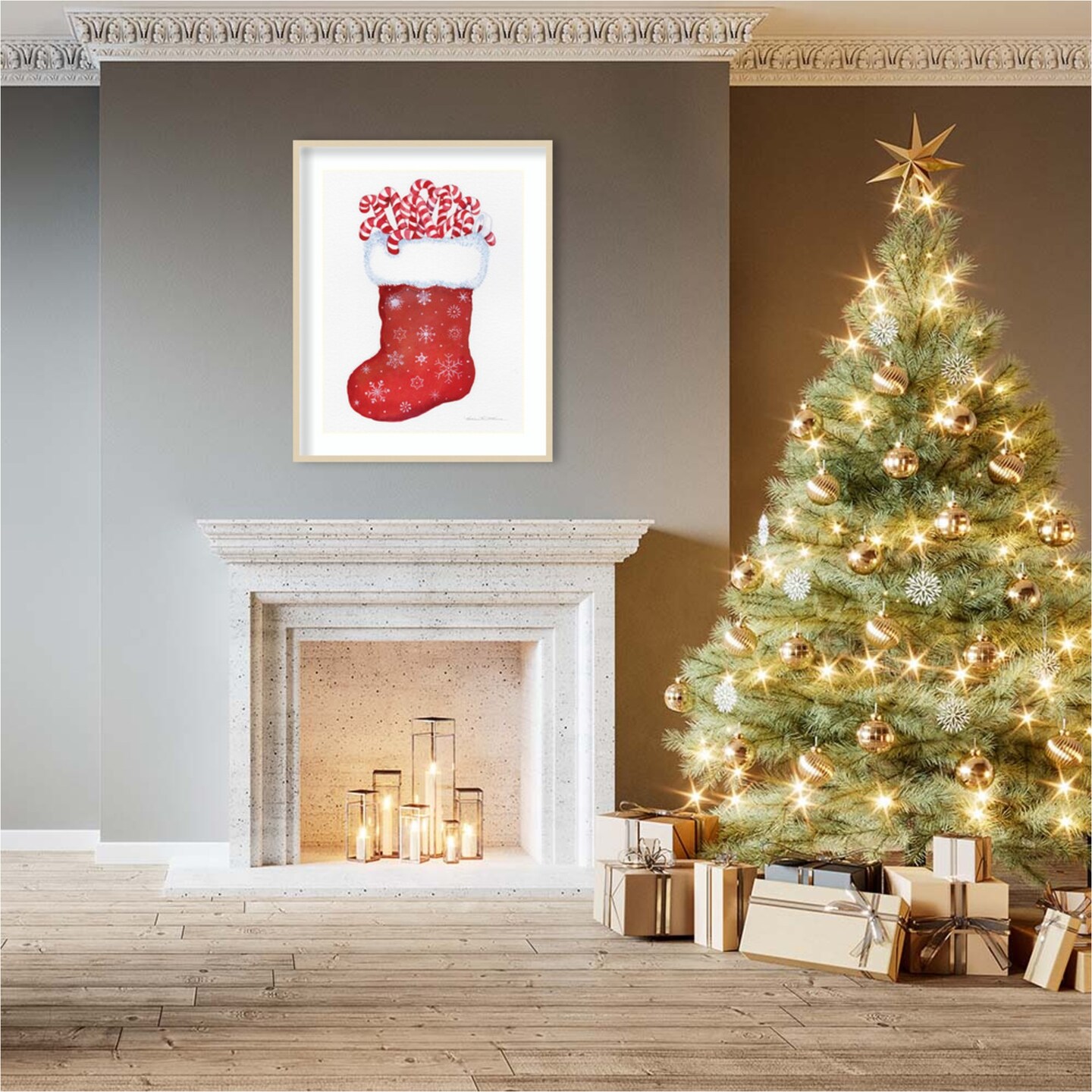 Candy Cane Stocking by Kathleen Parr Mckenna Wood Framed Wall Art Print