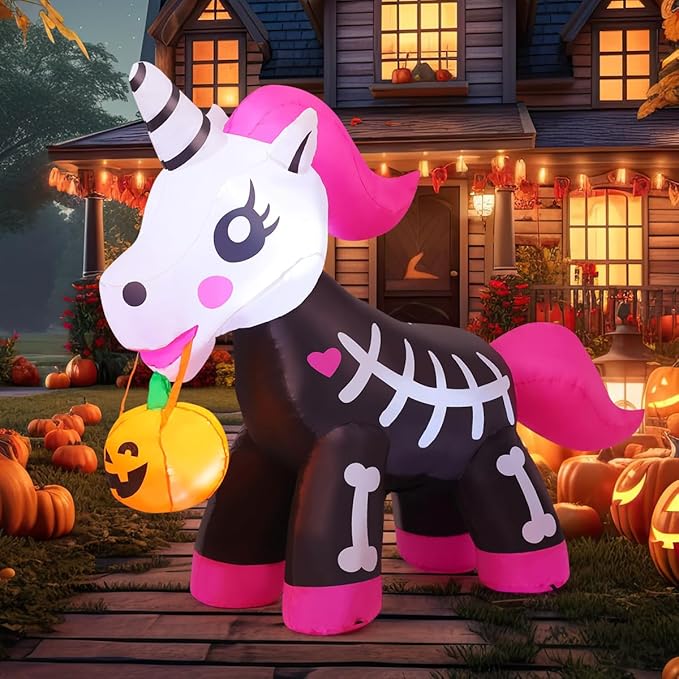 GOOSH 5 FT Halloween Inflatables Skeleton Unicorn Blow Up Yard Pink Cute with Built-in LEDs