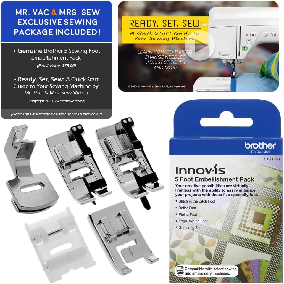 Brother Innov-&#xED;s Pacesetter PS500 Computerized Sewing Machine w/Starter Package - Includes Brother 5 Sewing Foot Embellishment Pack + Mr. Vac &#x26; Mrs. Sew - Ready, Set, Sew Video