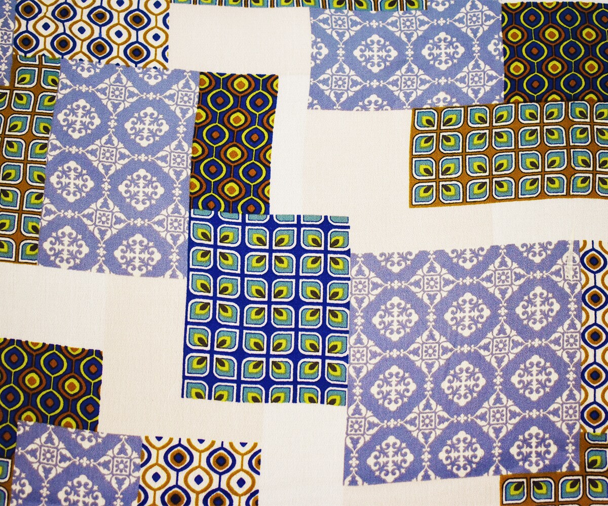Blue-Green-Multi Cotton Patch Moroccan Pattern Printed Gauze Woven Fabric By the Yard