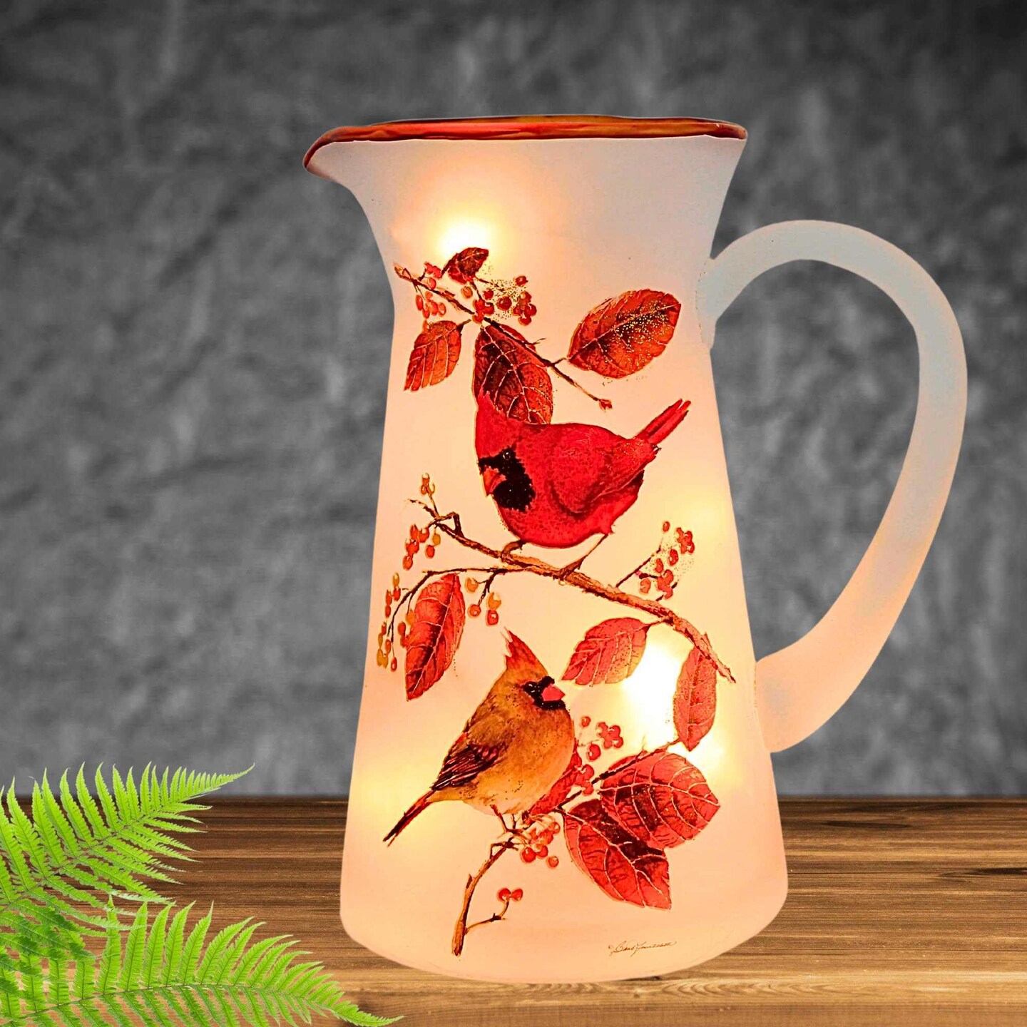 Stony Creek 8.75 In Cardinal With Aspen Pitcher Thanksgiving Lighted Glass Accent , Lighted Birds Fall Glass