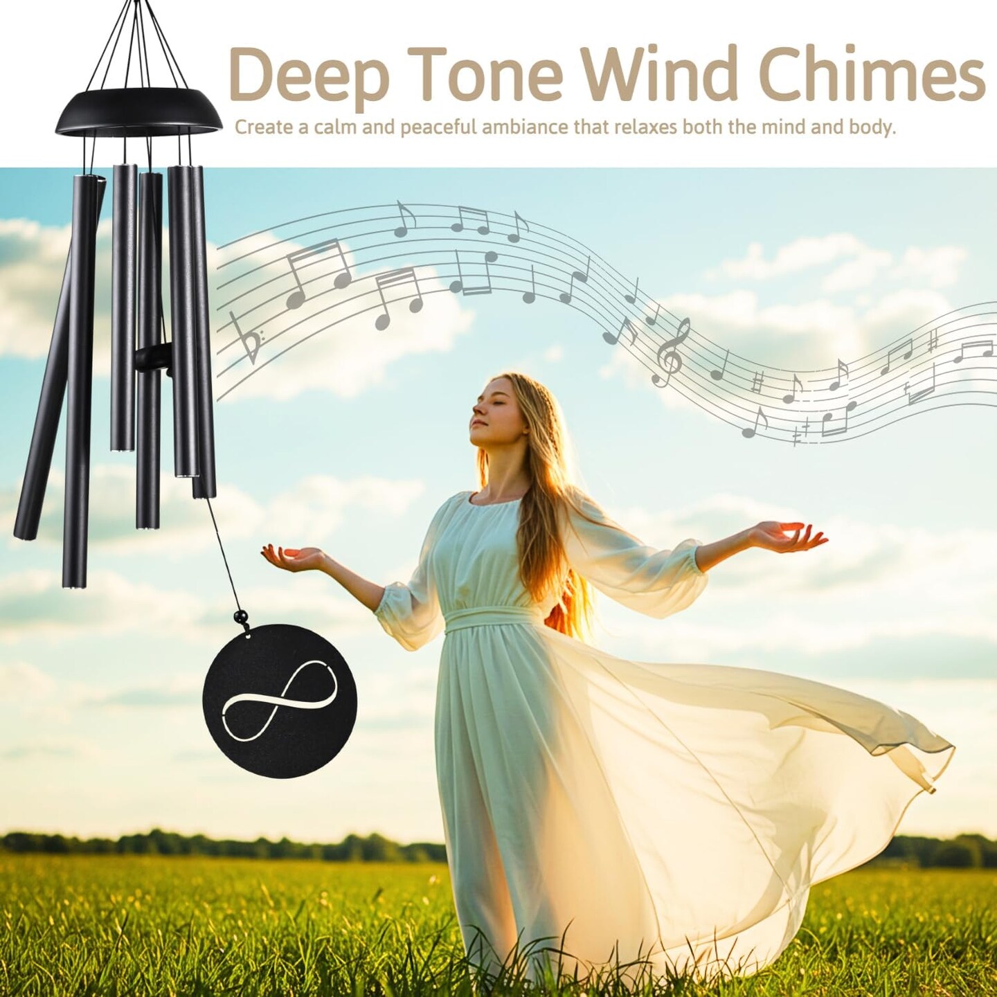 32 in Aluminum Wind Chimes for Outside Deep Tone - Outdoor Memorial Wind Chimes for Loss of Loved One, Metal Sympathy Windchimes, Unique Patio &#x26; Garden Decor, Soothing Melodies, Gift for Mom, Black