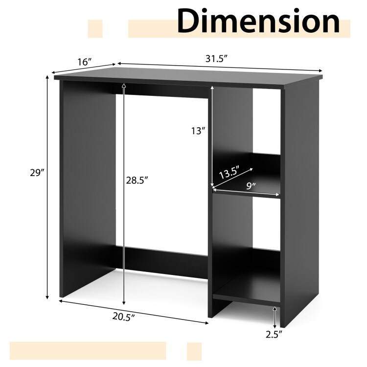 31.5 Inch Modern Black Wooden Laptop Desk with 2-Tier Storage Shelf for Small Home Office