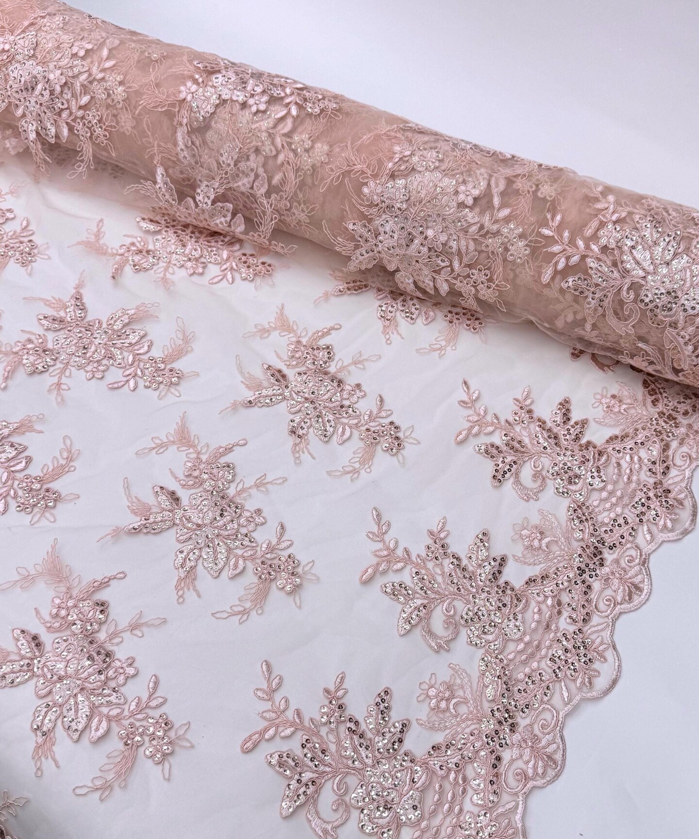 Blush Pink Sequin Embroidered Lace Fabric by the Yard, 54" Wide Floral Mesh Lace with Double Scalloped Edges
