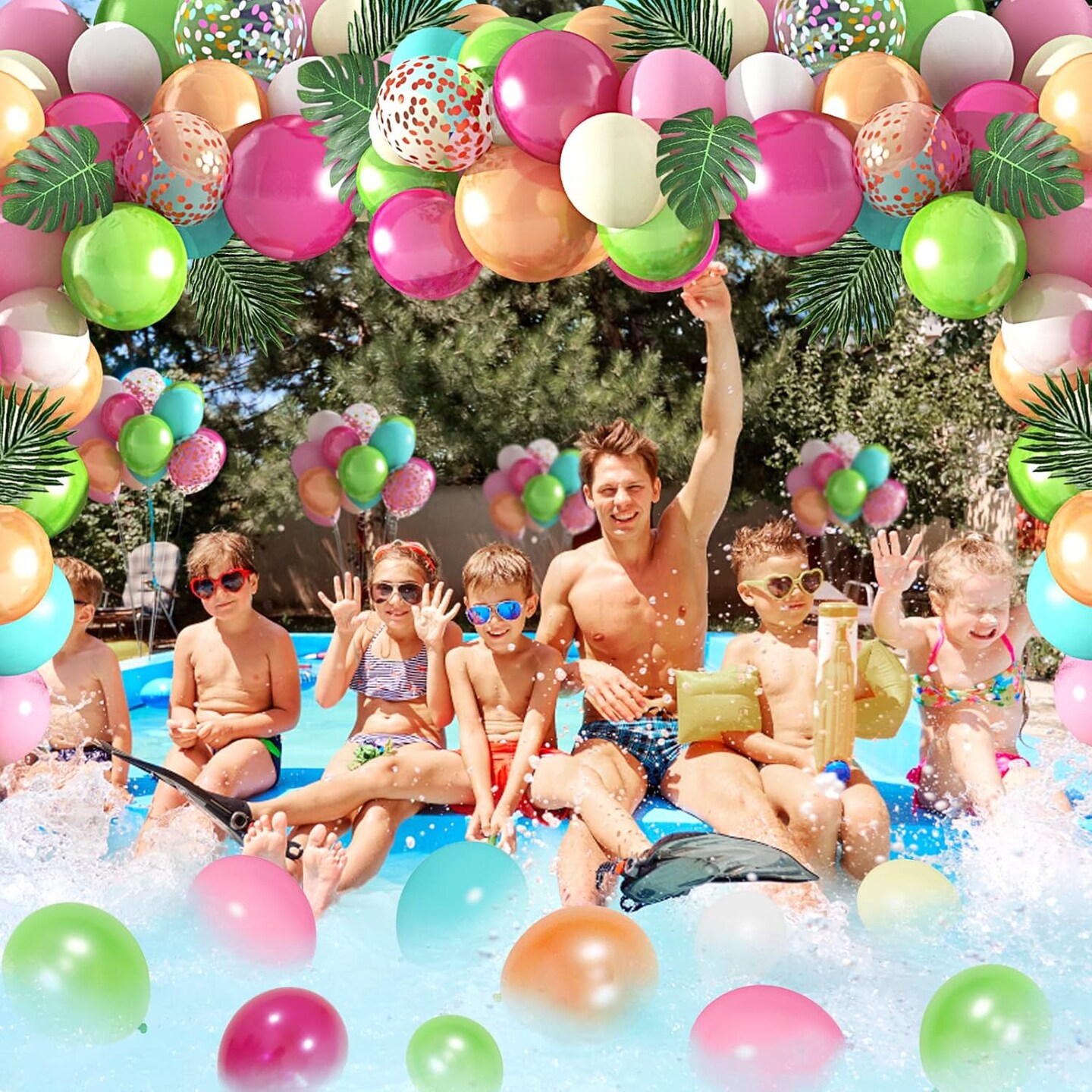 124-Piece Tropical Balloon Arch Garland Kit – Green, Hot Pink, Rose Gold, Confetti Balloons with Palm Leaves for Hawaiian Luau, Flamingo Birthday, Baby Shower, and Wedding Decorations