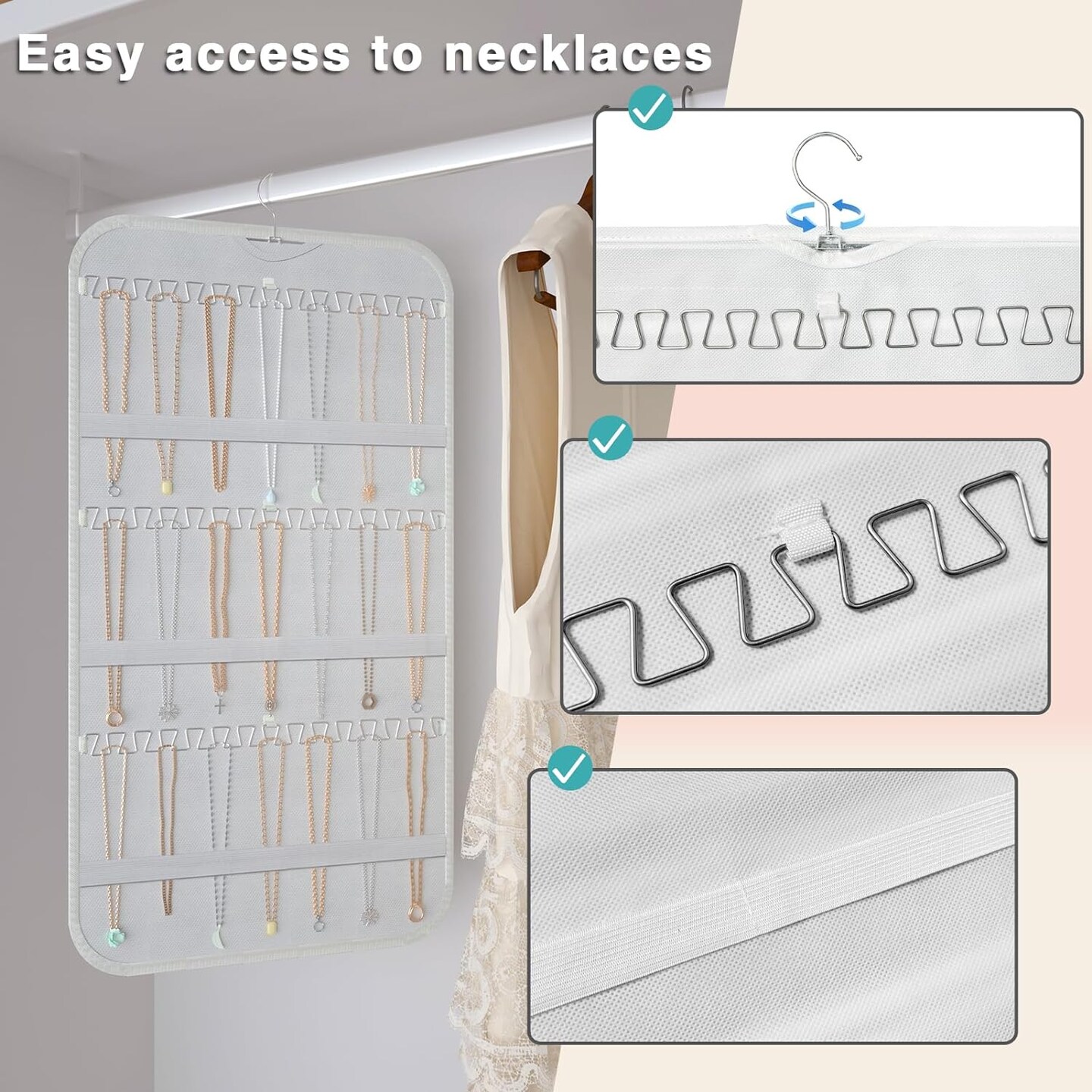 Hanging Jewelry Organizer Storage, 40 Pockets 36 Hooks Necklace Earring Necklace Bracelet Ring Organizer, Double - Sided Design, White