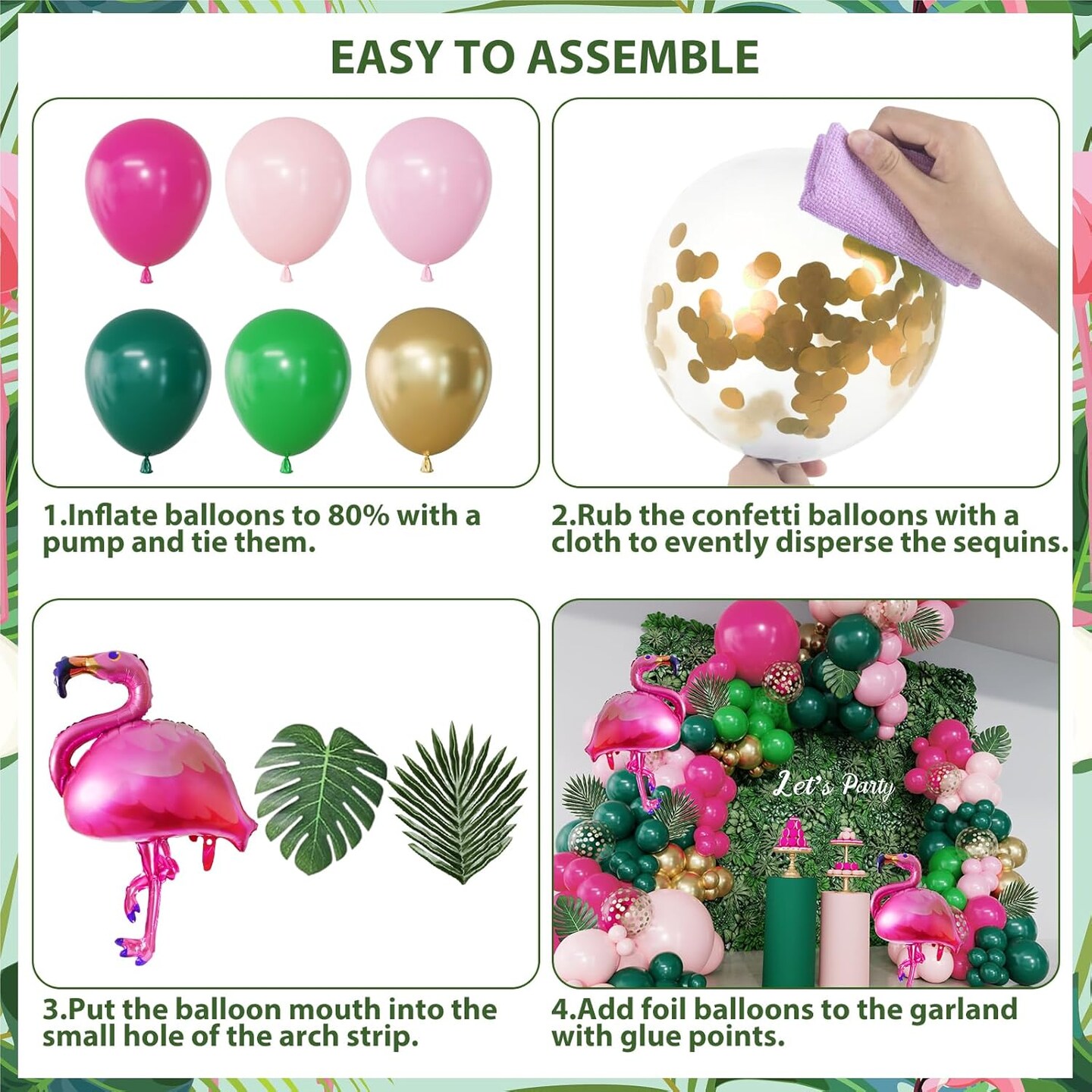 156Pcs Tropical Flamingo Balloon Arch Garland Kit, Hot Pink Dark Green Light Pink Gold Confetti Flamingo Foil Balloons