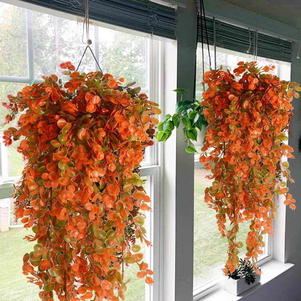 2 Pcs Artificial Hanging Fall Plants – Faux Eucalyptus Leaf Greenery Vines, UV-Resistant Outdoor Fake Plants for Home, Patio, Porch, Wall, Fall Décor (Orange)