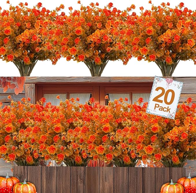 20 Bundles Artificial Fall Flowers for Outdoors Fall Thanksgiving Decorations-UV Resistant Fake Mums Faux Plant Plastic Flowers Gardens Porch Fireplace Home Autumn Decor(Brown Eucalyptus Flower)