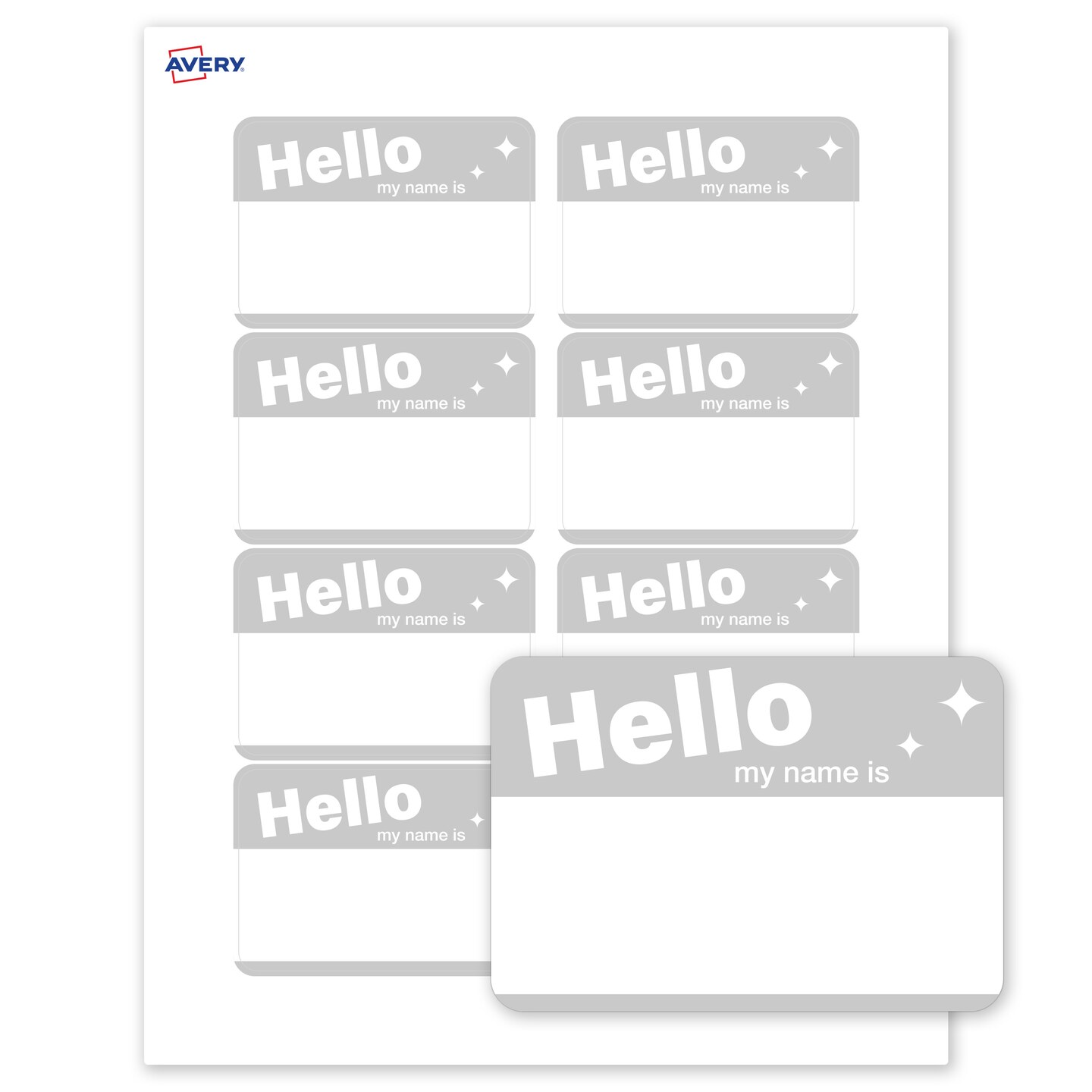 Avery Printable Adhesive Name Tags, 2-1/3" x 3-3/8", Matte White, Pre-printed Metallic Silver Hello My Name Is Design, Laser & Inkjet Compatible, 160 Total