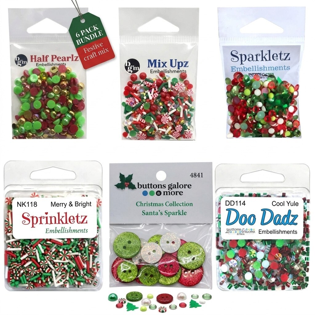 Christmas Craft Embellishment Bundle – 6-Pack Holiday Buttons, Beads & Sequins
