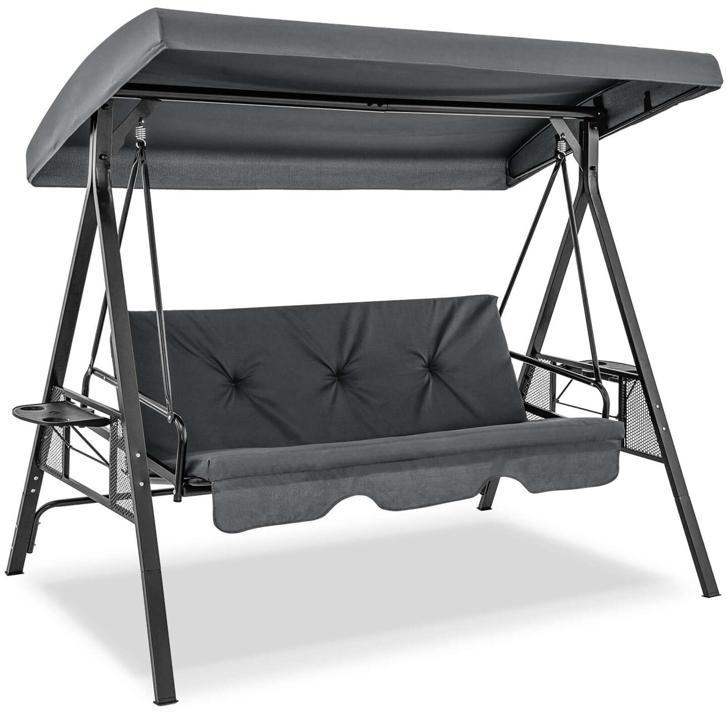 Costway 3-Seat Patio Porch Swing withAdjustable Canopy Soft Seat Back Cushions Side Tables Brown/Grey