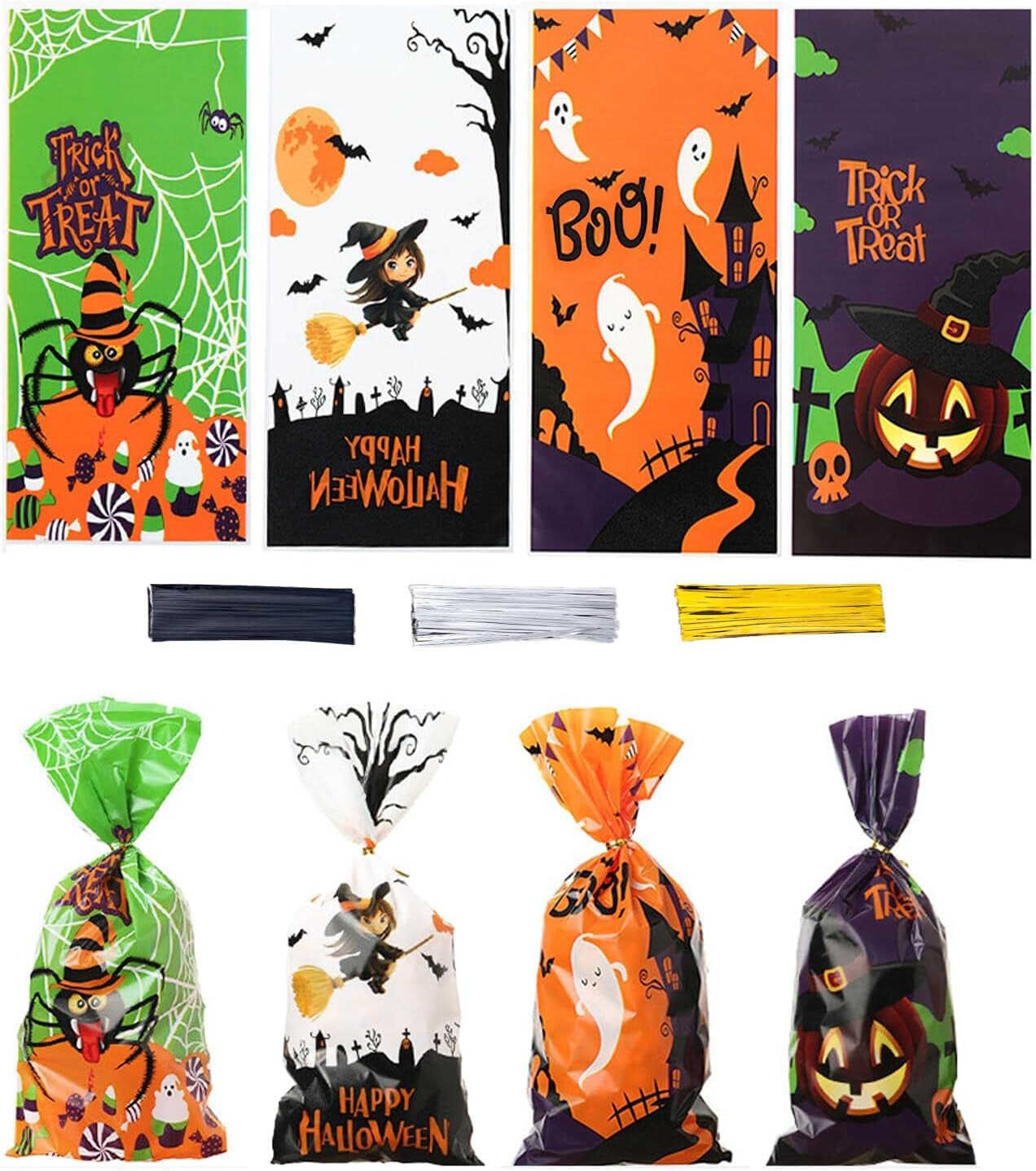 160PCS Halloween Cellophane Treat Bags, Plastic Goodie Candy Bag Goody Snack Sweet Bags with Twist Ties for Halloween Party Favor Supply&#xFF08;4 Style&#xFF09;