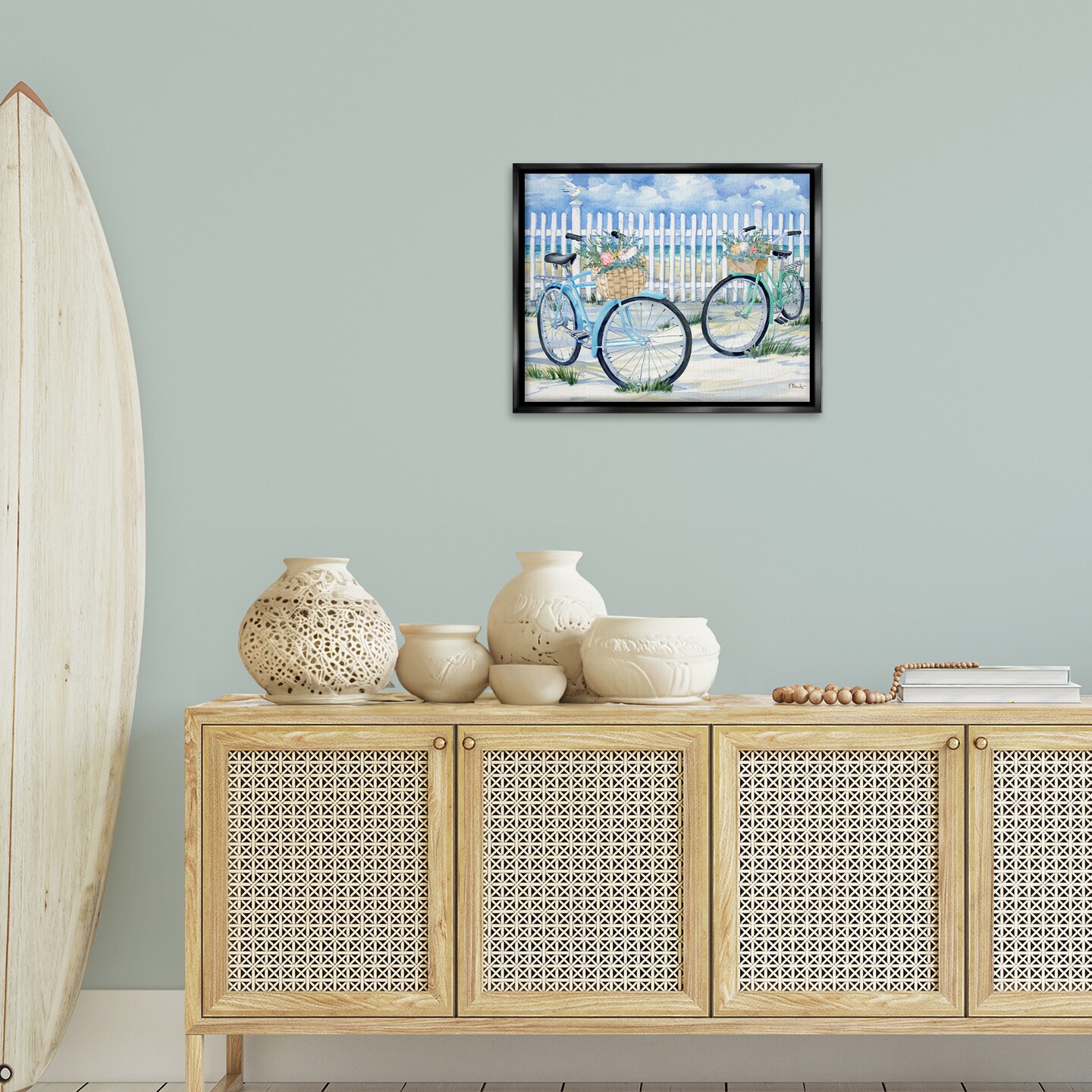 Stupell Industries Bicycles at Beach Fence Floater Framed Canvas Wall Art Design by Paul Brent