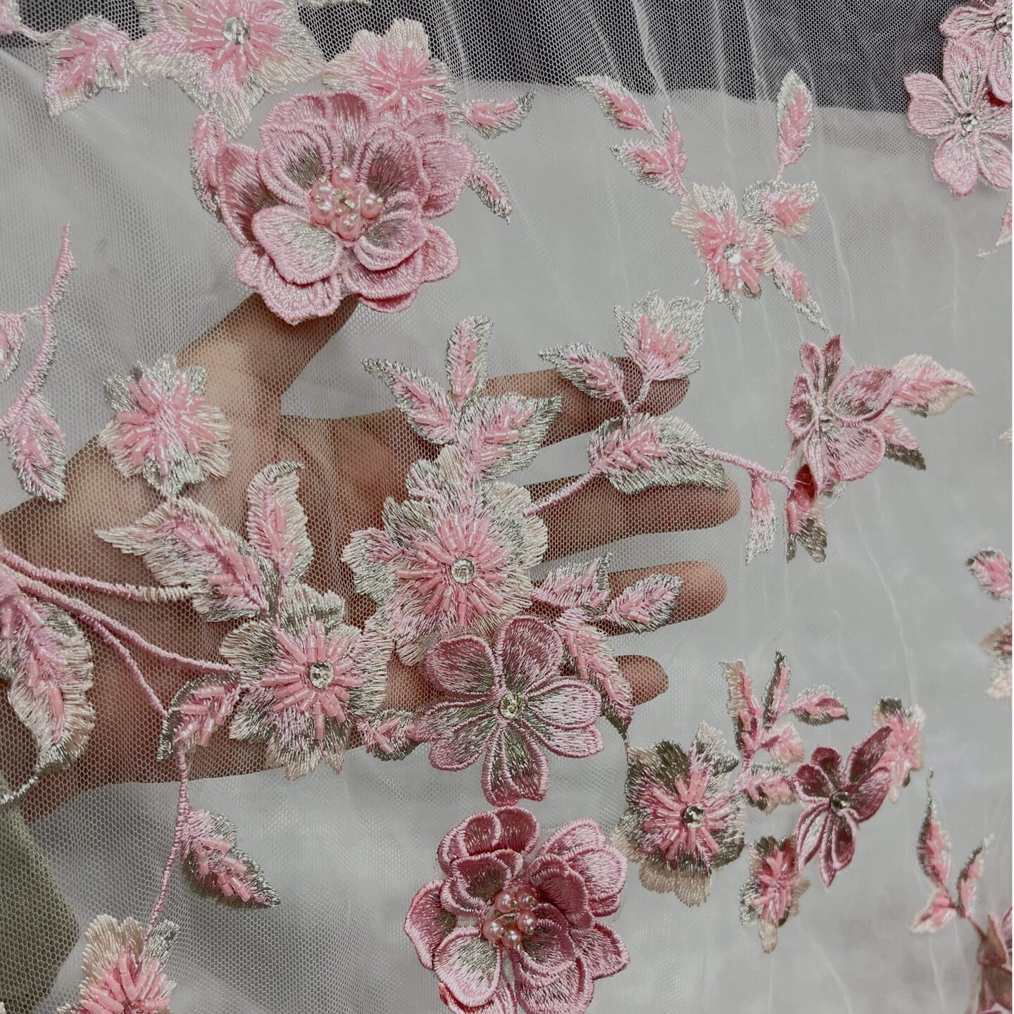 1 Yard 3D Beaded Floral Lace Fabric, Embroidered Mesh with Rhinestones & Scalloped Edges