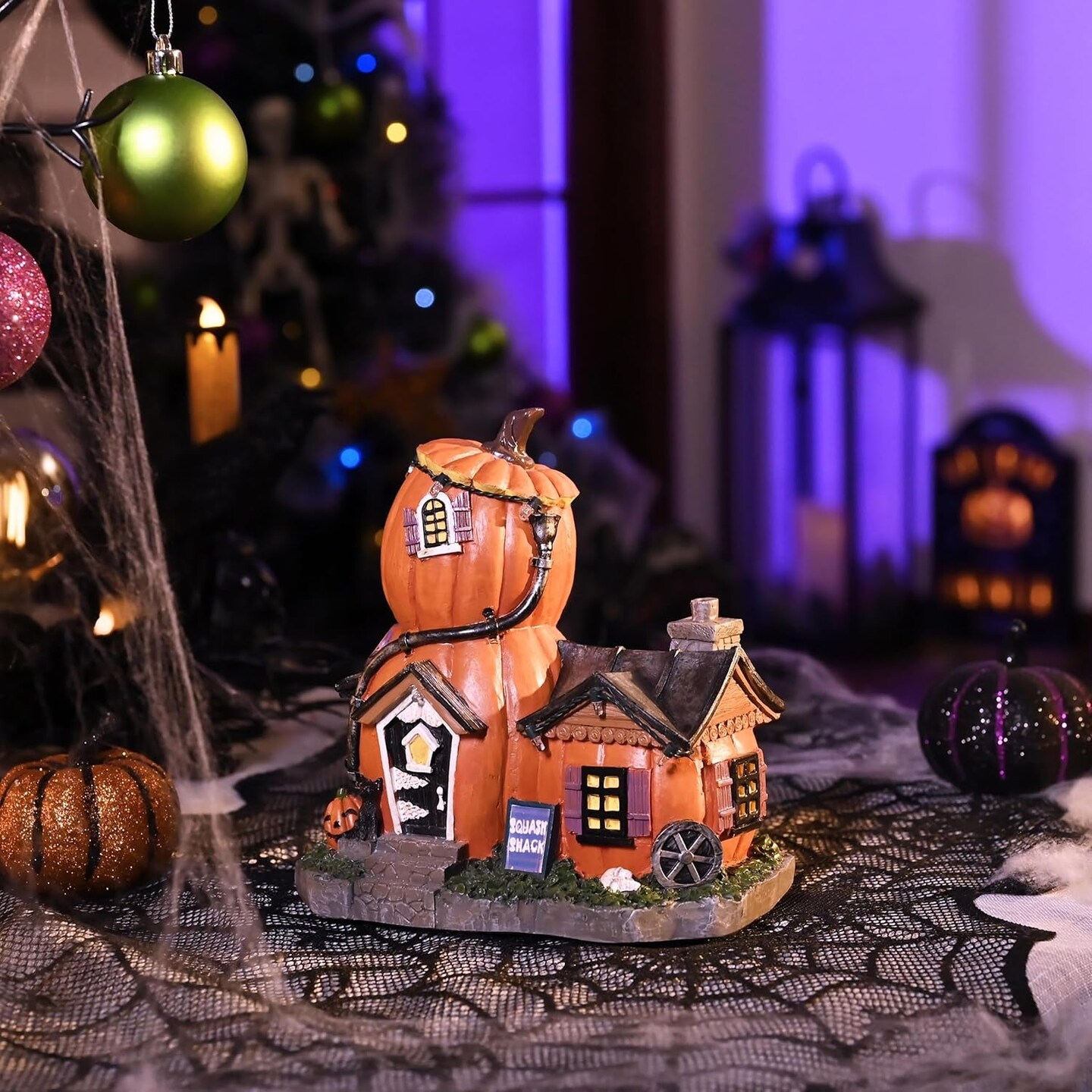 Halloween Village Decorations Indoor, 7Inch Lighted Vintage Halloween Pumpkin Haunted House Resin Statues with Music and Light for Table Yard Garden Outdoor Home Party Decor
