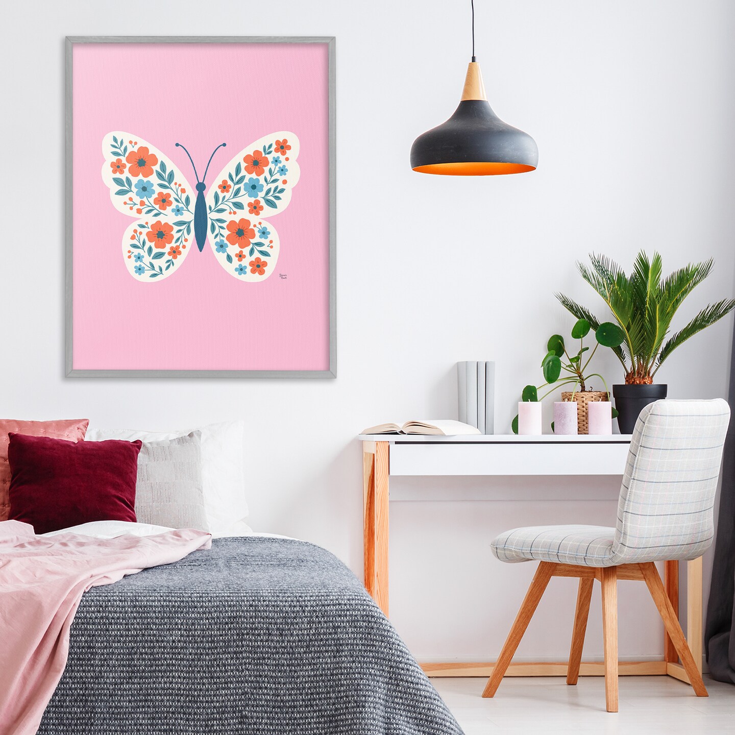 Stupell Industries Boho Pink Floral Butterfly Framed Giclee, design by Jessica Beck