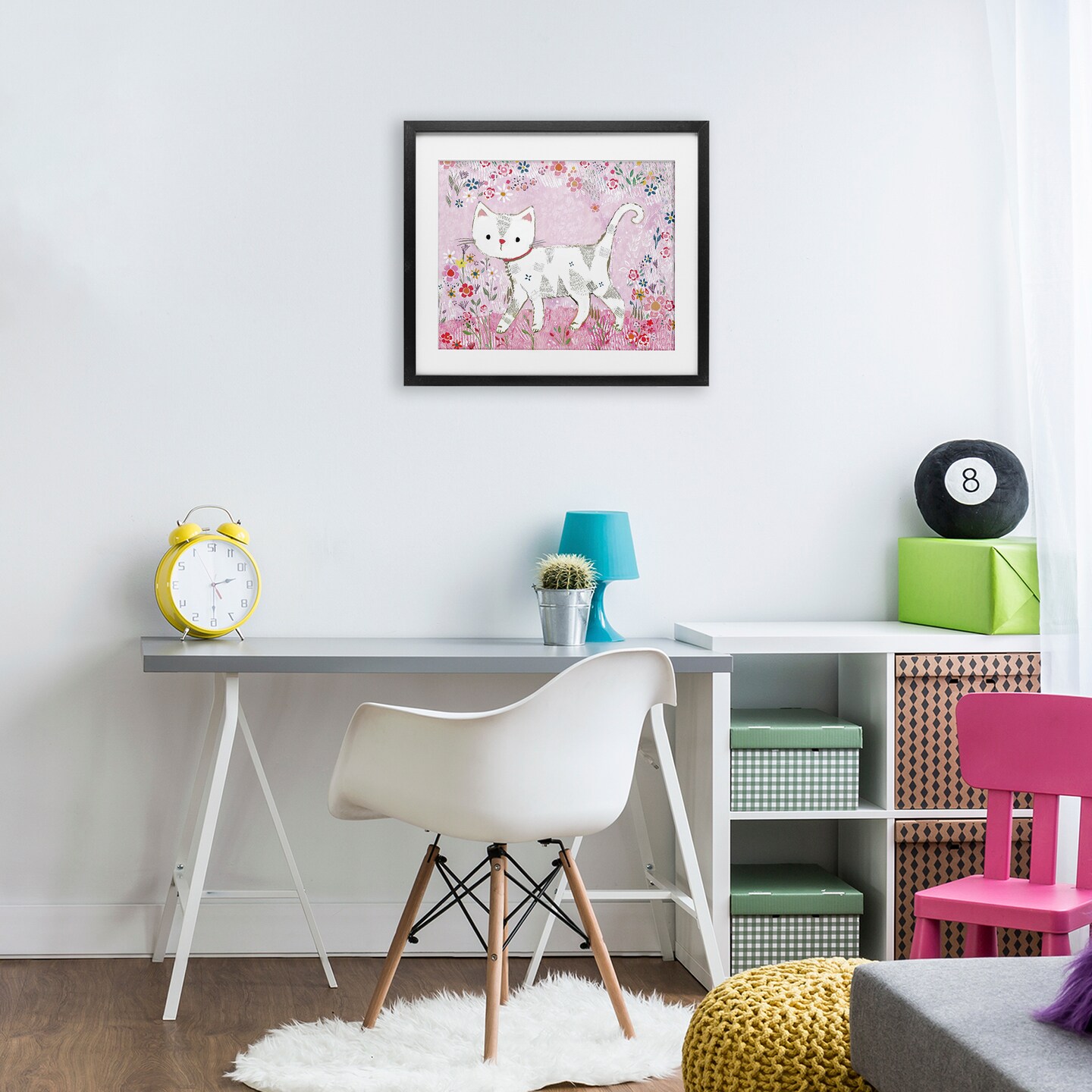Stupell Industries Walking Cat on Pastel Pink Framed Print Under Glass, design by Clare Tupper