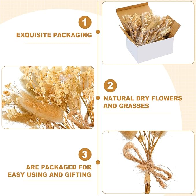 Boho Dried Flower Bouquet, Mini Flower Bouquet, Mini Dried Baby's Breath Flowers for Crafts DIY Wedding Shooting Prop Envelope Decoration(50 Pcs)