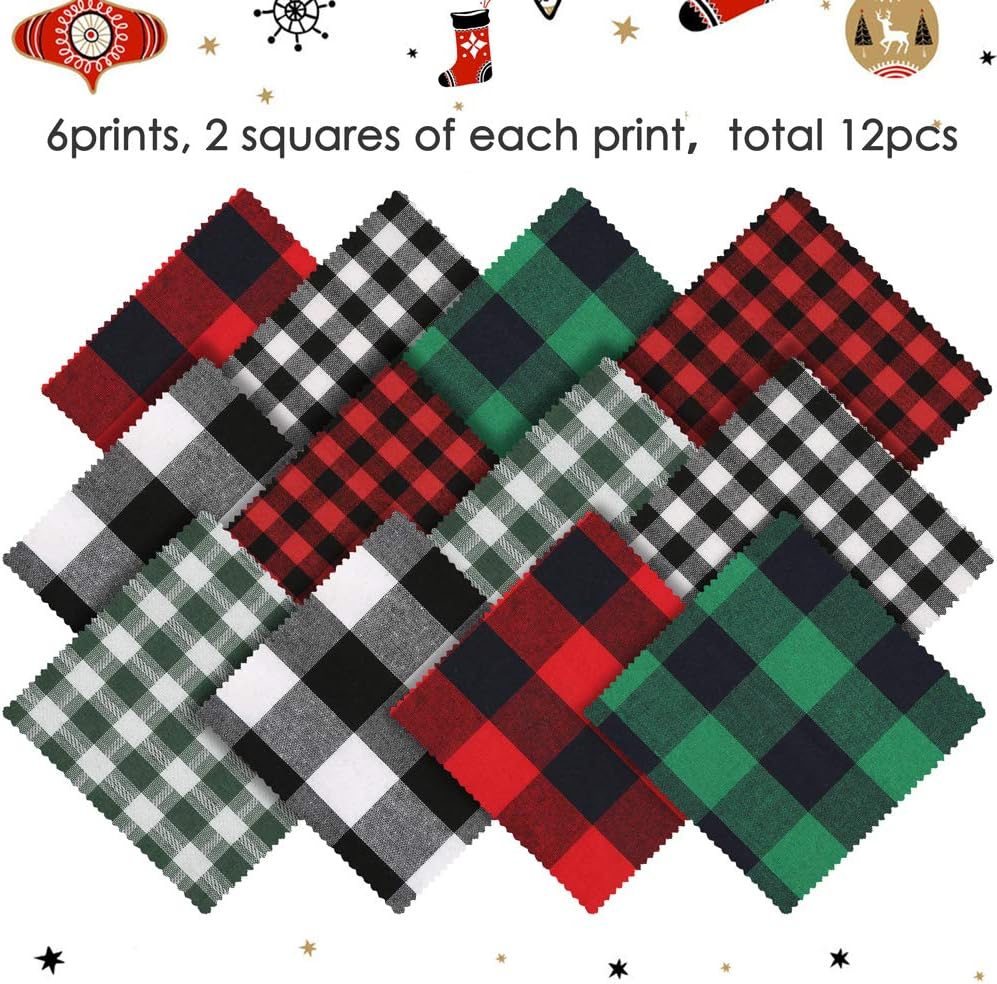 12 Pieces Christmas Ornament Kit Including 3 Inch Embroidery Hoops and 5 Inch Squares Plaid Fabric for Christmas Decorations