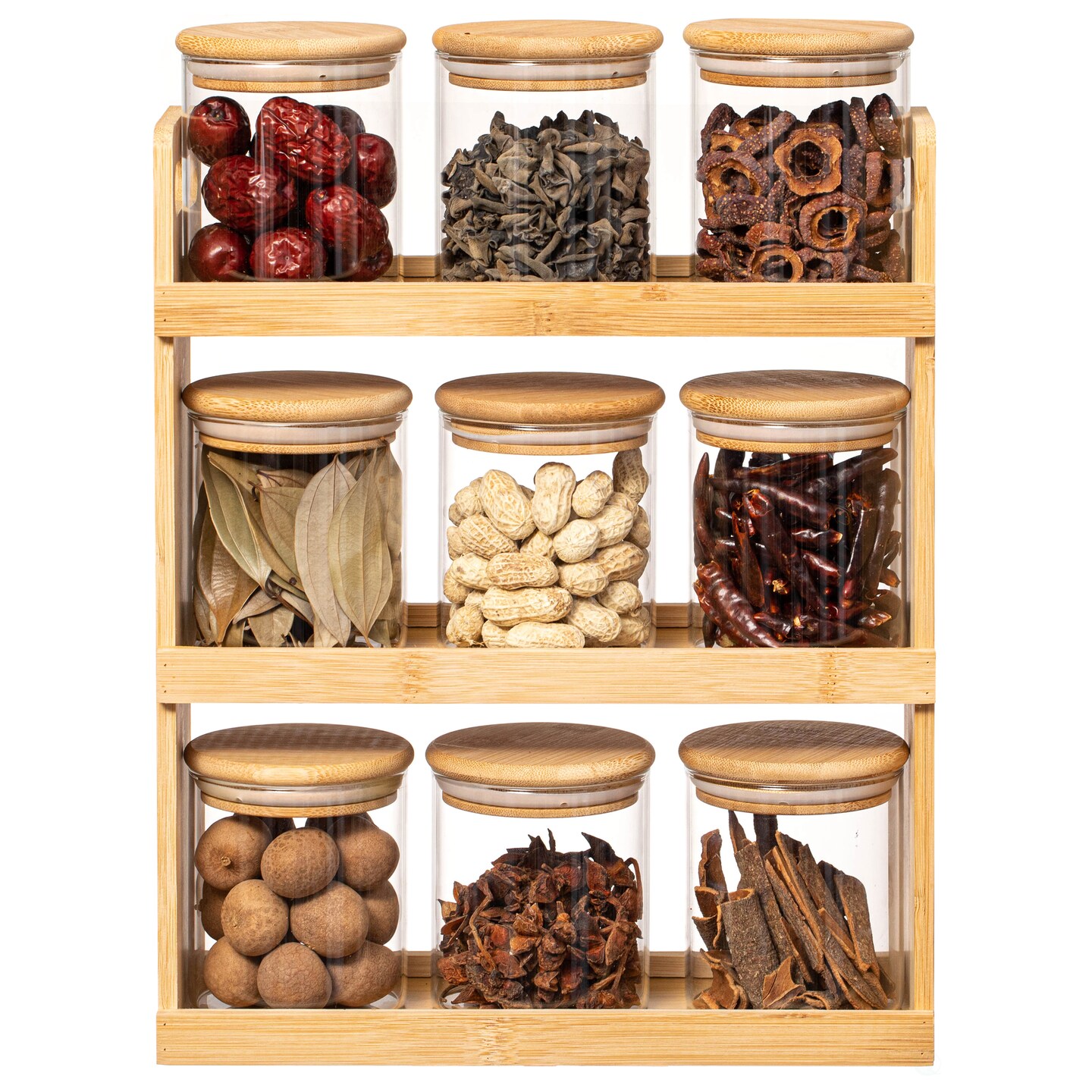 Basicwise Minimalist Two-Tier Bamboo Lazy Susan Turntable with 8 Pcs 12 oz Airtight Lid Glass Jars, Versatile Spice Rack Organizer, Perfect for Kitchen Countertops, Dining Tables, and Pantry Cabinets