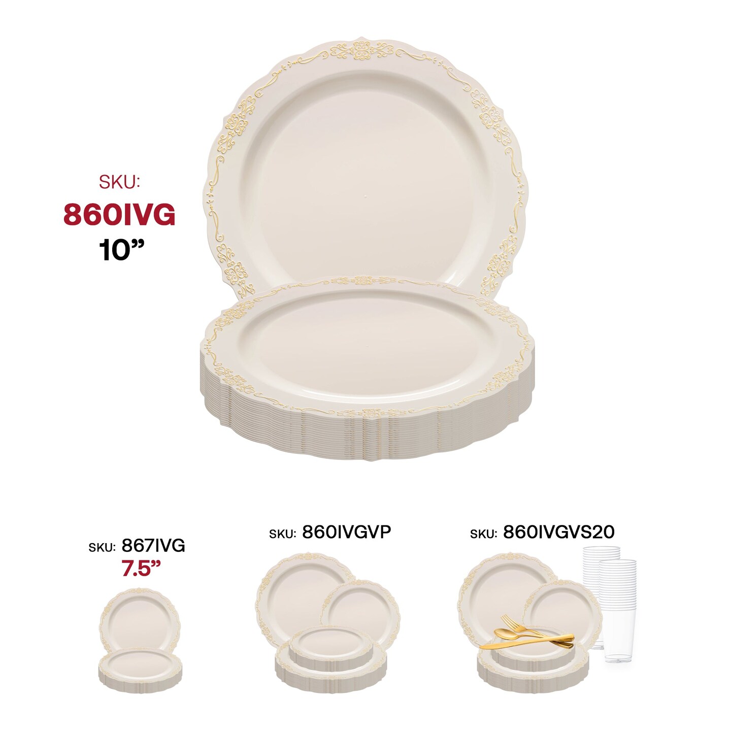 Ivory with Gold Vintage Rim Round Disposable Plastic Dinner Plates - 10&#x22; (120 Plates)