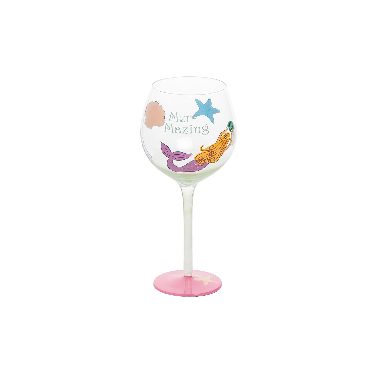 Happy Mermaid Painted Wine Glass Drinkware Gift Coastal Nautical Ocean Beach Sea Life 4.6 x 4.6 x 8.7