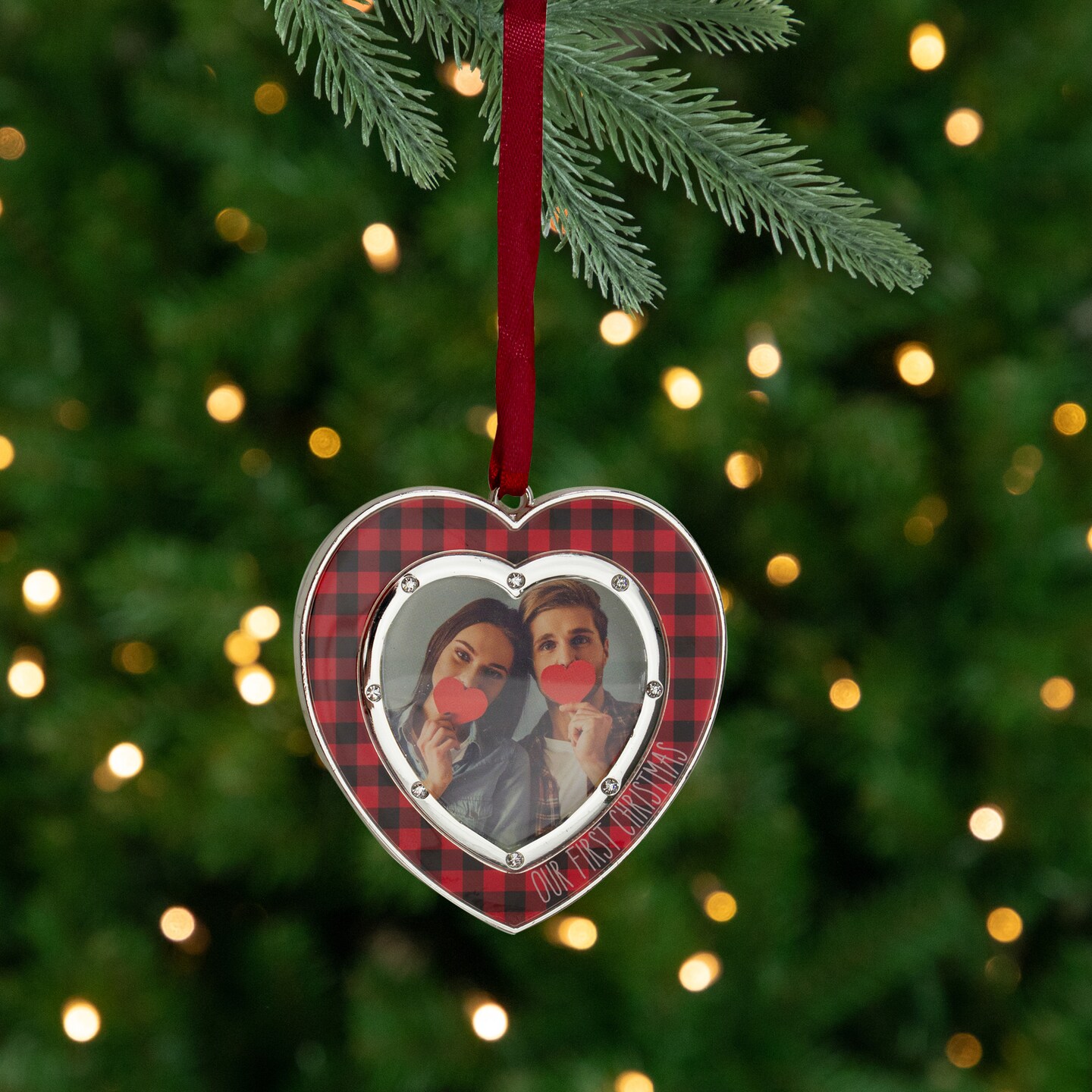 Northlight Buffalo Plaid Heart Shaped Picture Frame Christmas Ornament - 3" - Silver Finish