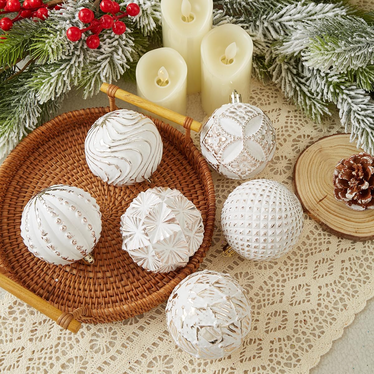 Champagne Farmhouse Christmas Ball Ornaments&#xFF0C;6 PCS Vintage Rustic Distressed Xmas Hanging Ornaments Shatterproof Antique Traditional Style Christmas Tree Decorations