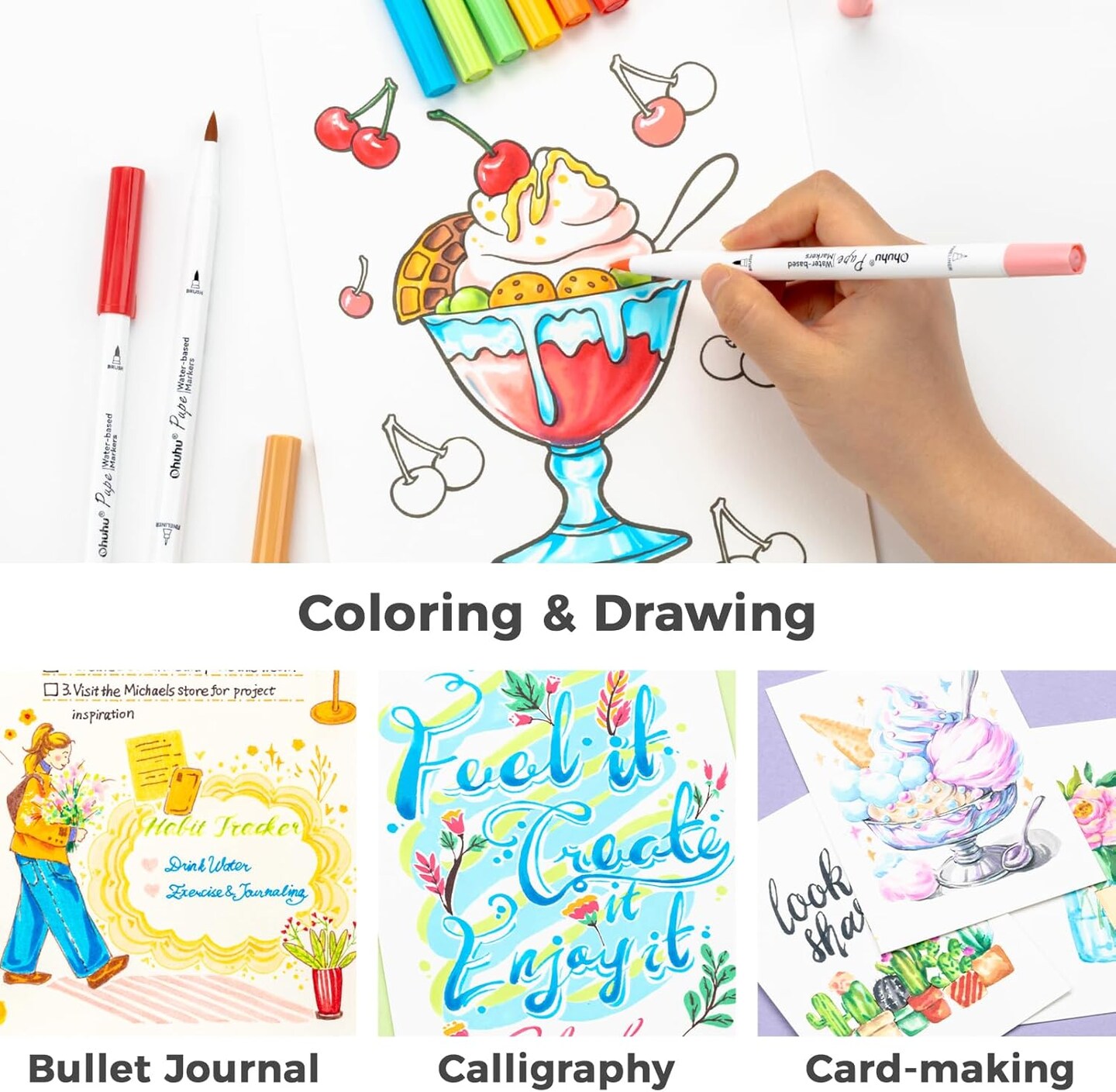 Ohuhu Markers Paper-friendly No Peeling Water-based 120 Colors Dual Brush Fineliner Tips Markers for Adult Coloring Books No Bleeding Drawing Pens for Kids Beginner Calligraphy - Pupe