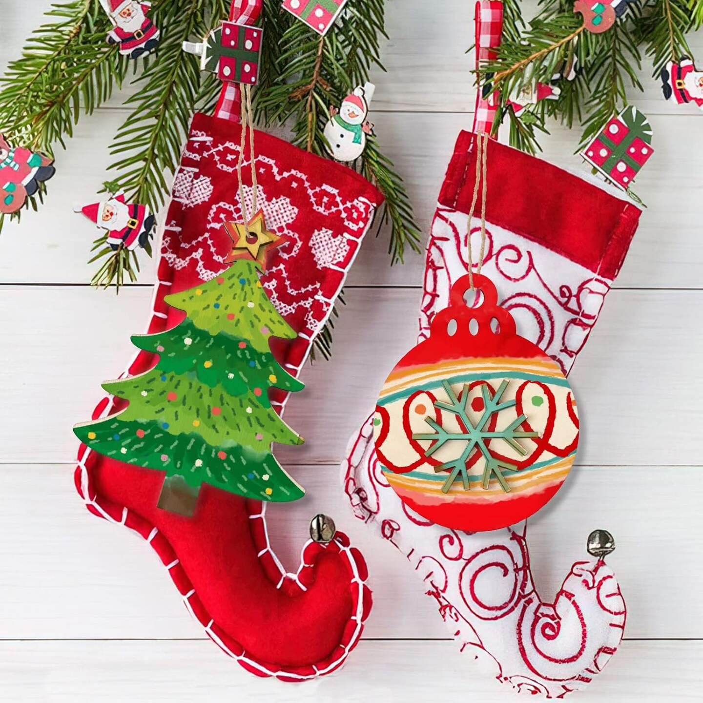 Christmas Ornament Crafts for Kids - Make Your Own Ornament Kit with Christmas Wooden Crafts with Piant Set, Gem Stickers, Poms and Bells, Ornament Making Kit for Kids Holiday Xmas Favors