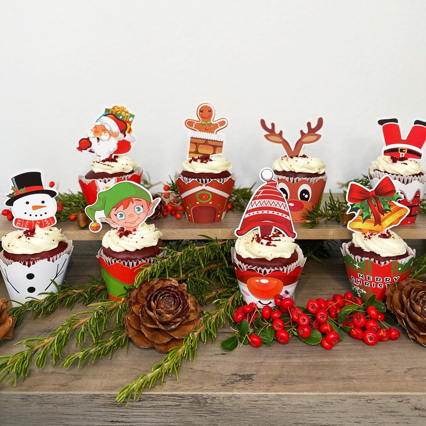 Wrapables Christmas Cupcake Toppers and Wrappers, Holiday Party Supplies (Set of 128)
