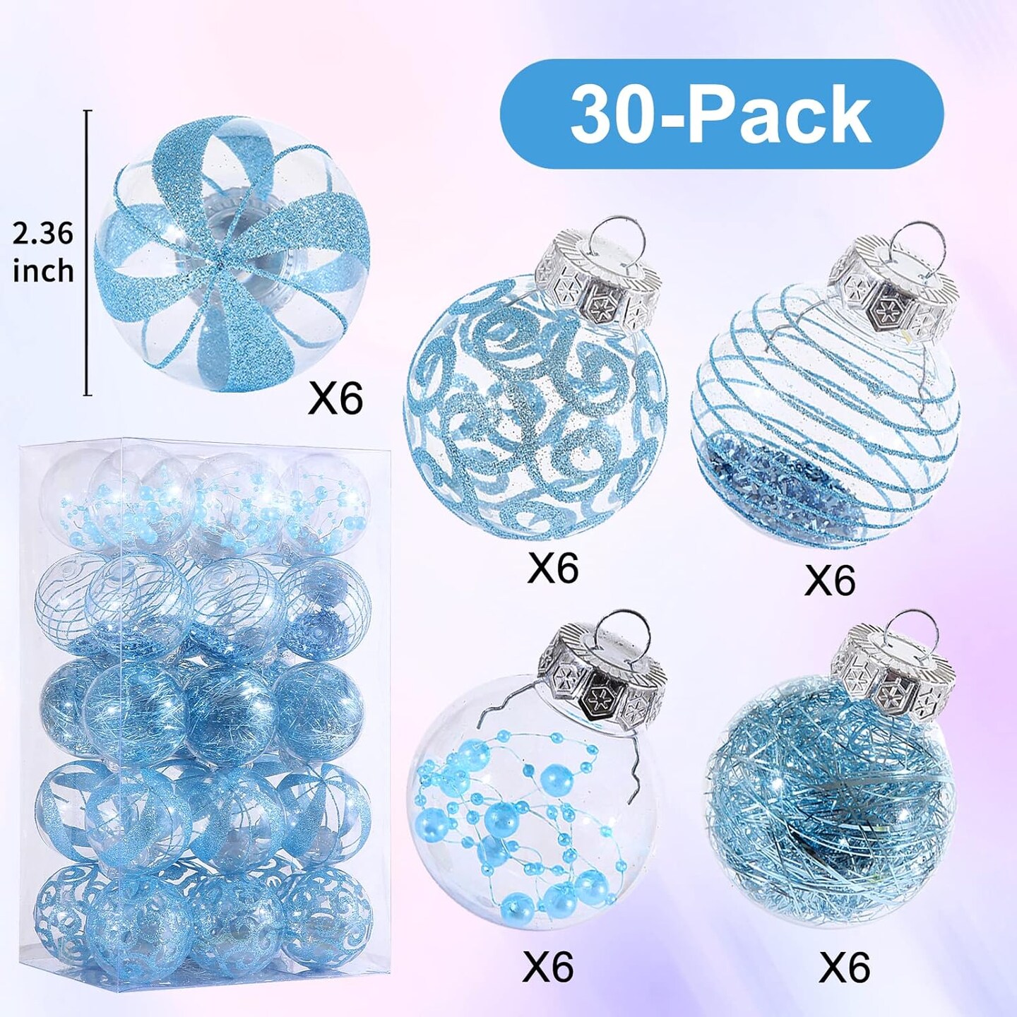 60MM/2.36&#x22; Christmas Ornaments Set, 30pcs Clear Christmas Ornaments Blue Shatterproof Decorative Baubles for Xmas Tree Decorations Crystal Ornament Balls for Wedding Holiday Party Indoor Outdoor Decor