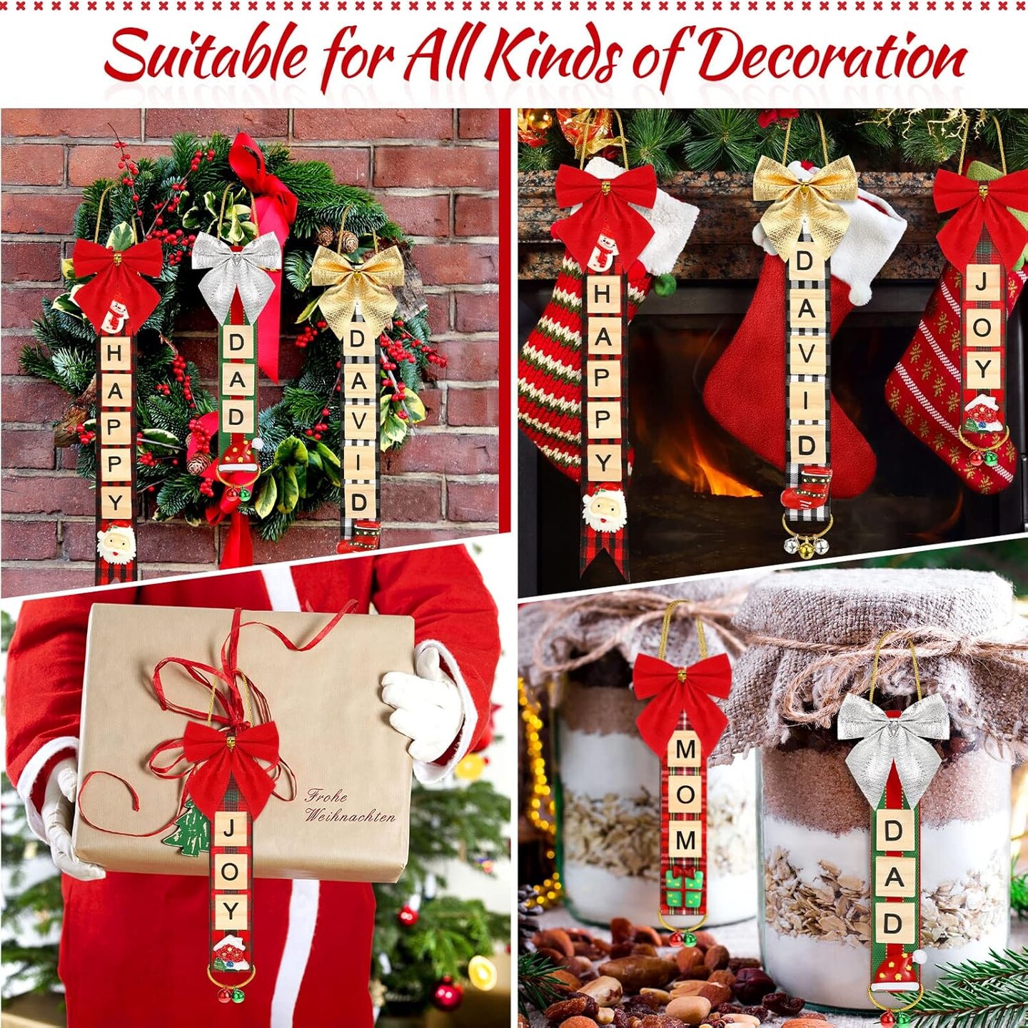 299 Pieces Christmas Ornaments Tree Decorations Personalized Crafts Kit DIY Ribbon Letter Tiles Bells Bows Hanging Rustic Stockings Hot Glue Gun Name Tags with Glue Sticks(Stylish)