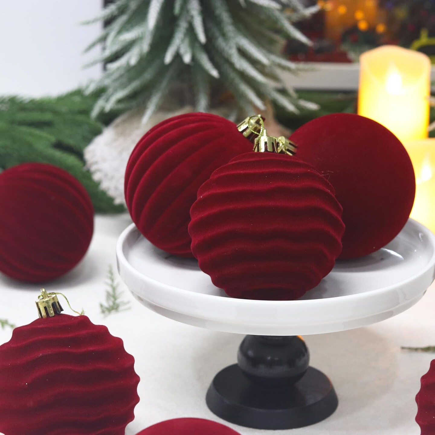 Velvet Christmas Balls Flocked Christmas Tree 3.15inch Ornaments 12PCS Plastic Balls Xmas Hanging Ornaments Decoration Red