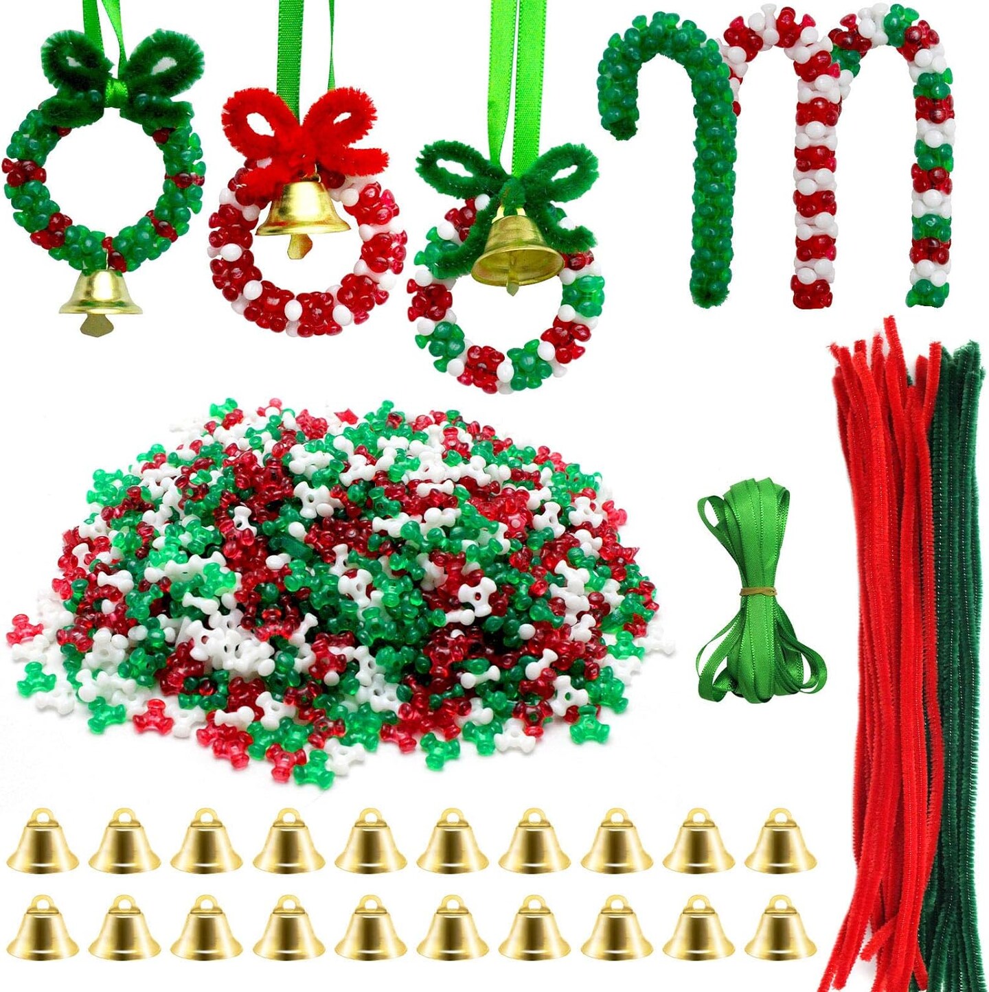 1570 PCS Christmas Beaded Ornament Kit Christmas Tri-Shaped Beads Plastic Tri Beads with Pipe Cleaners Xmas Party Craft Wreath Candy Cane for Christmas Tree Hanging