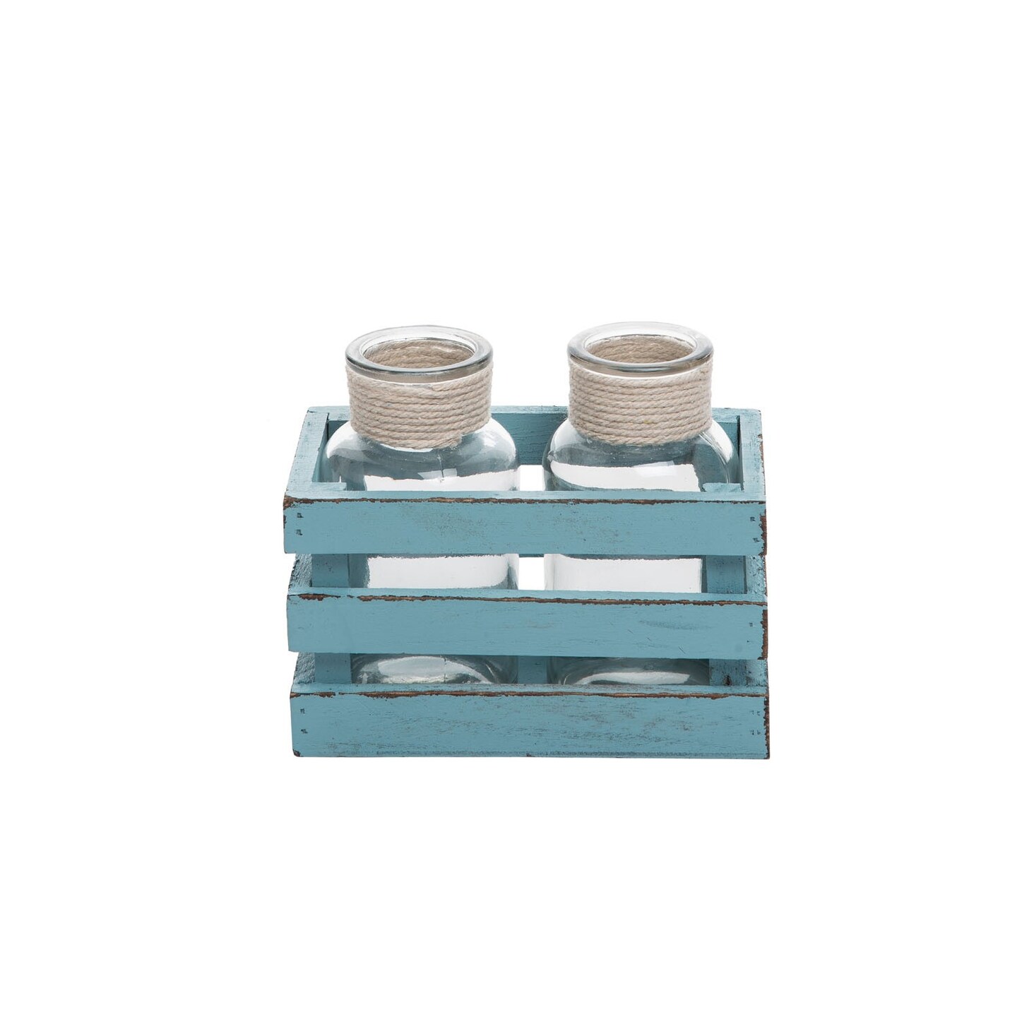 Small Turquoise Wood Crate With 2 Glass Bottles Rustic Wood Glass Decorative Gift Box Ocean Coastal Nautical Beach