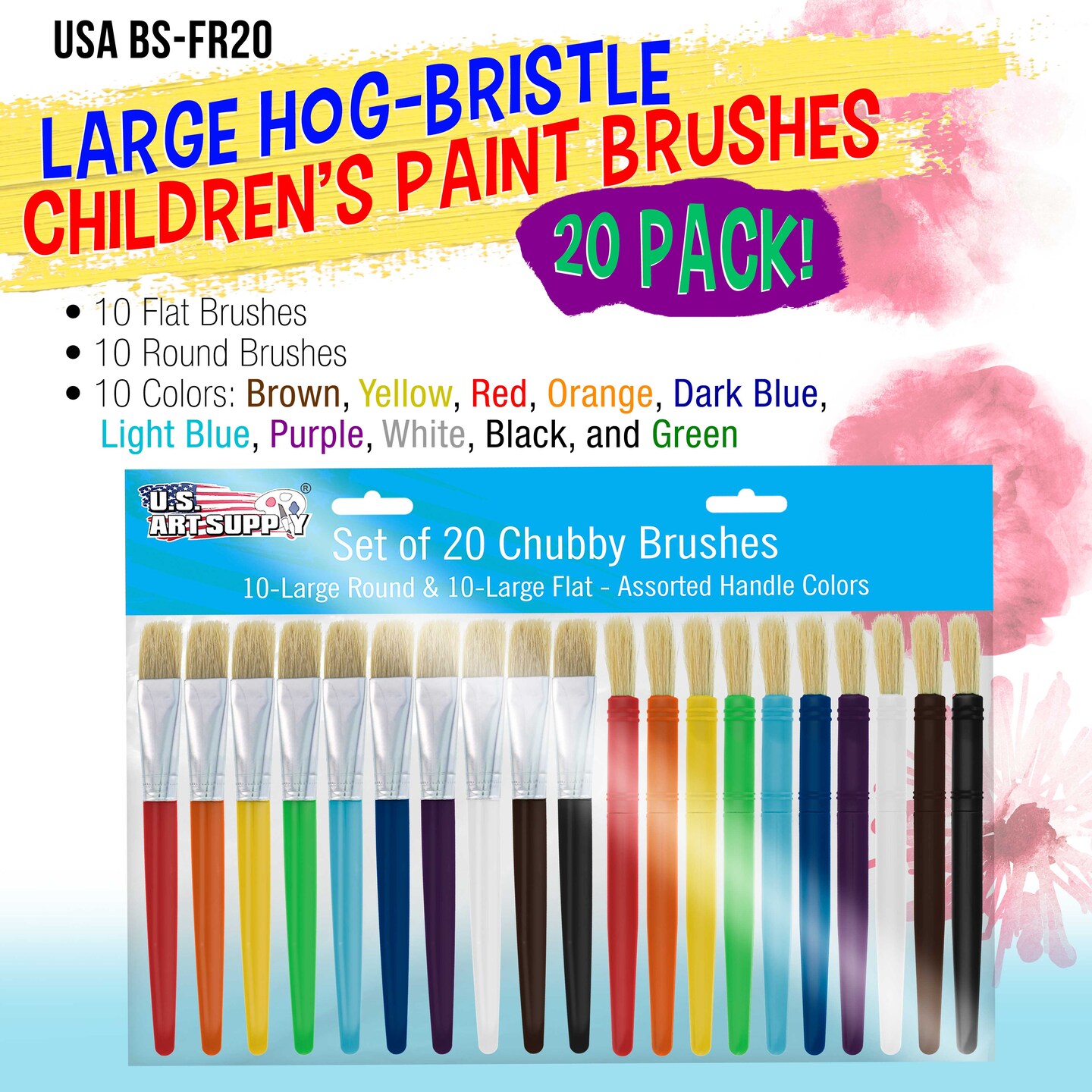 U.S. Art Supply 20-Piece Large Round and Flat Children&#x27;s Hog Bristle Tempera Paint Brush Set - Fun Kid&#x27;s Party, School, Student, Class Craft Painting