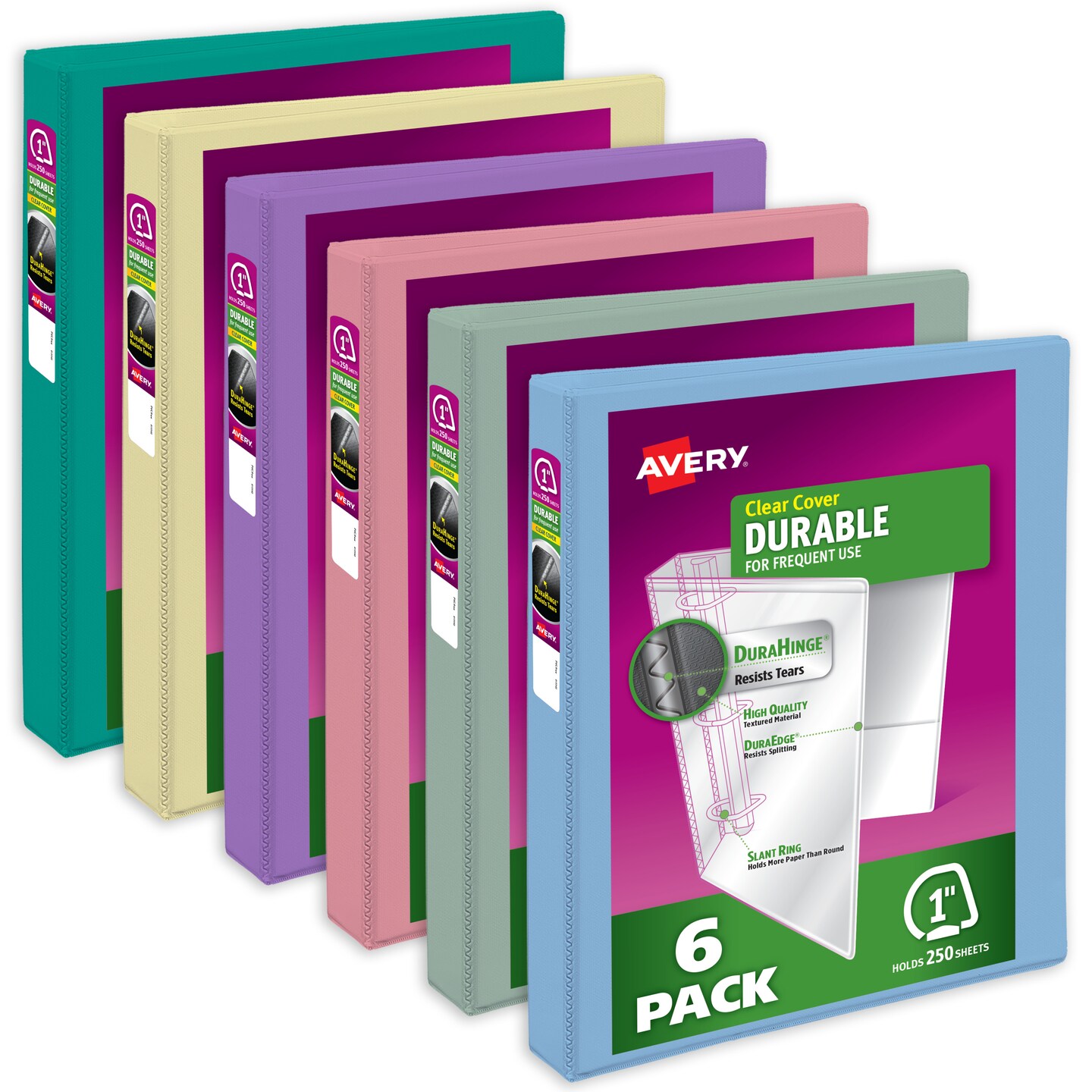 Avery Durable View 3 Ring Binders, 1 Inch Slant Rings, 250-Sheet Capacity, DuraHinge, 1.4 Inch Wide Spine, Customizable Clear Covers and Spine, Pastel Colors (6-Pack of 05632)