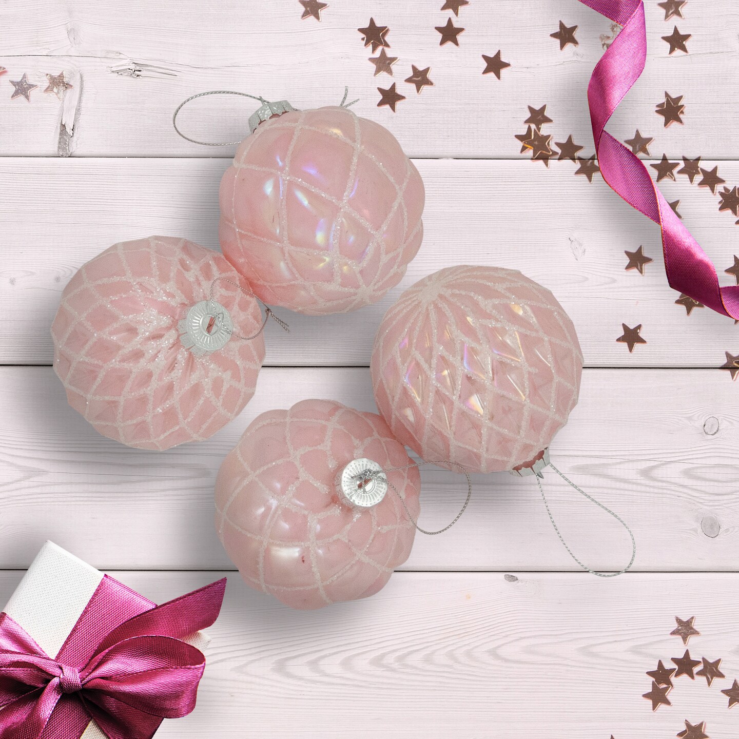 Northlight Glittered Geometric Iridescent Glass Ball Christmas Ornaments - 3&#x22; (80mm) - Pink  - 4ct