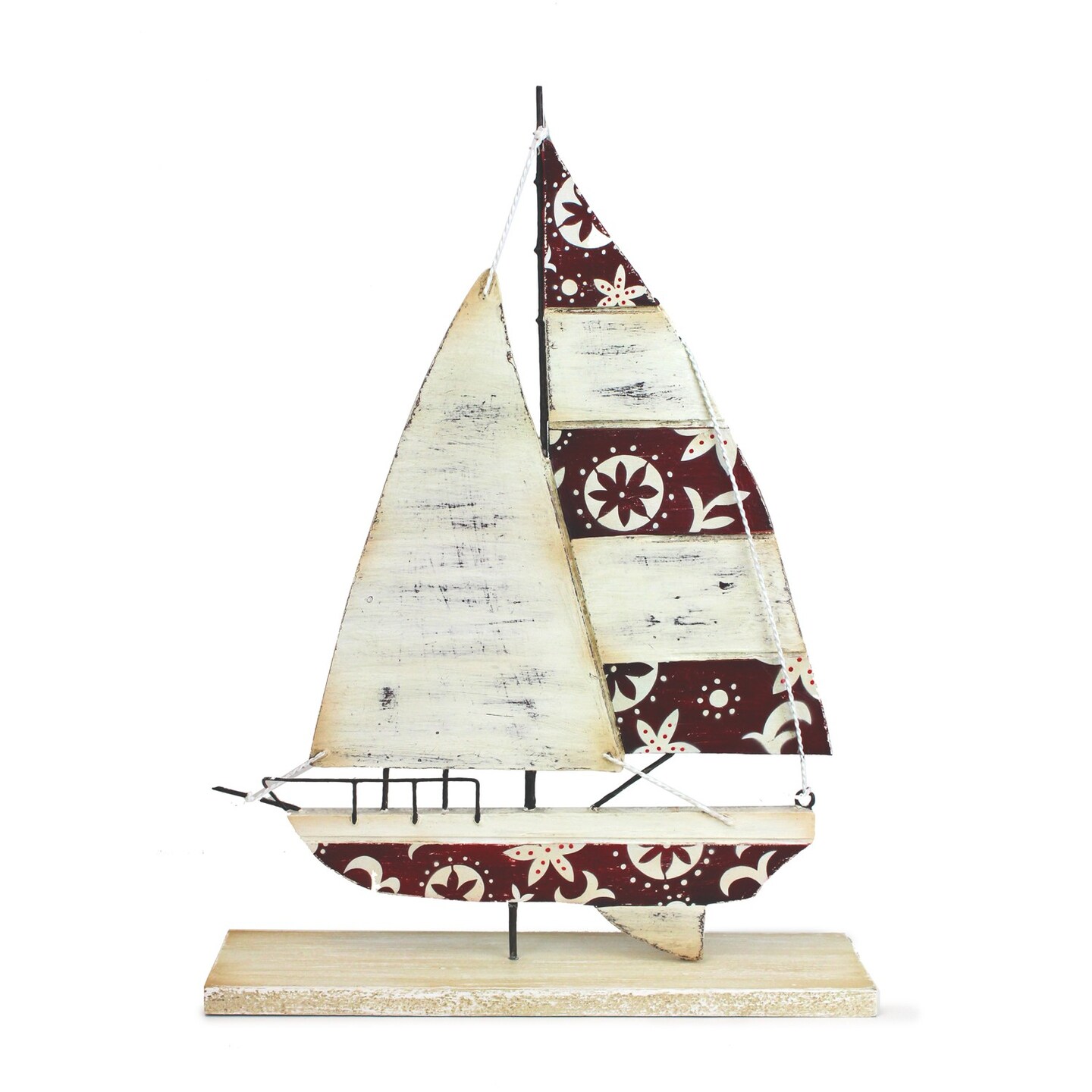 12&#x22; Wood Red/Wht Holiday Sailboat Figure Coastal Beach House Decor Decoration