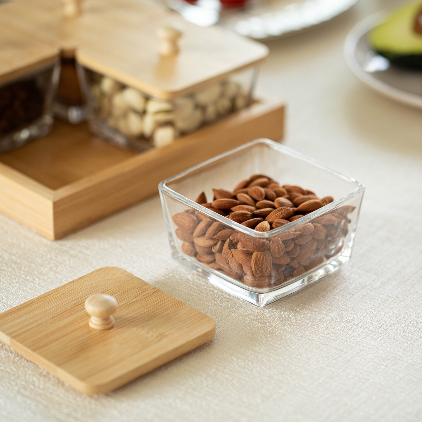 Basicwise Set of Glass Jars with Bamboo Lids and Wooden Tray &#x2013; Charcuterie, Snack Organizer, and Fruit Platter for Party, Candy Jars, Cookies, Nuts, Fruits and Snack Box
