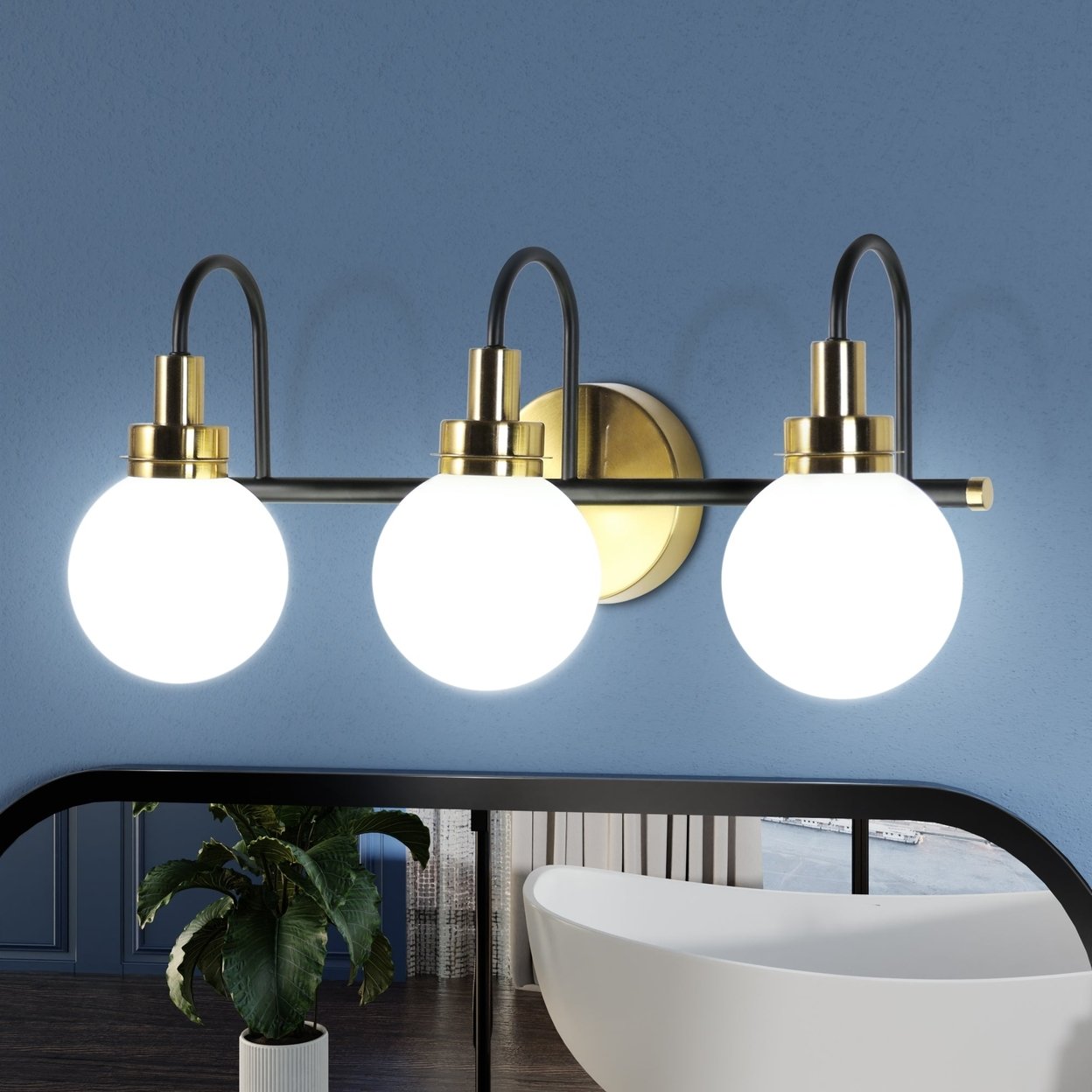 Exbrite 3-Light Led Vanity Light Fixture Dimmable Farmhouse Black Gold Finish