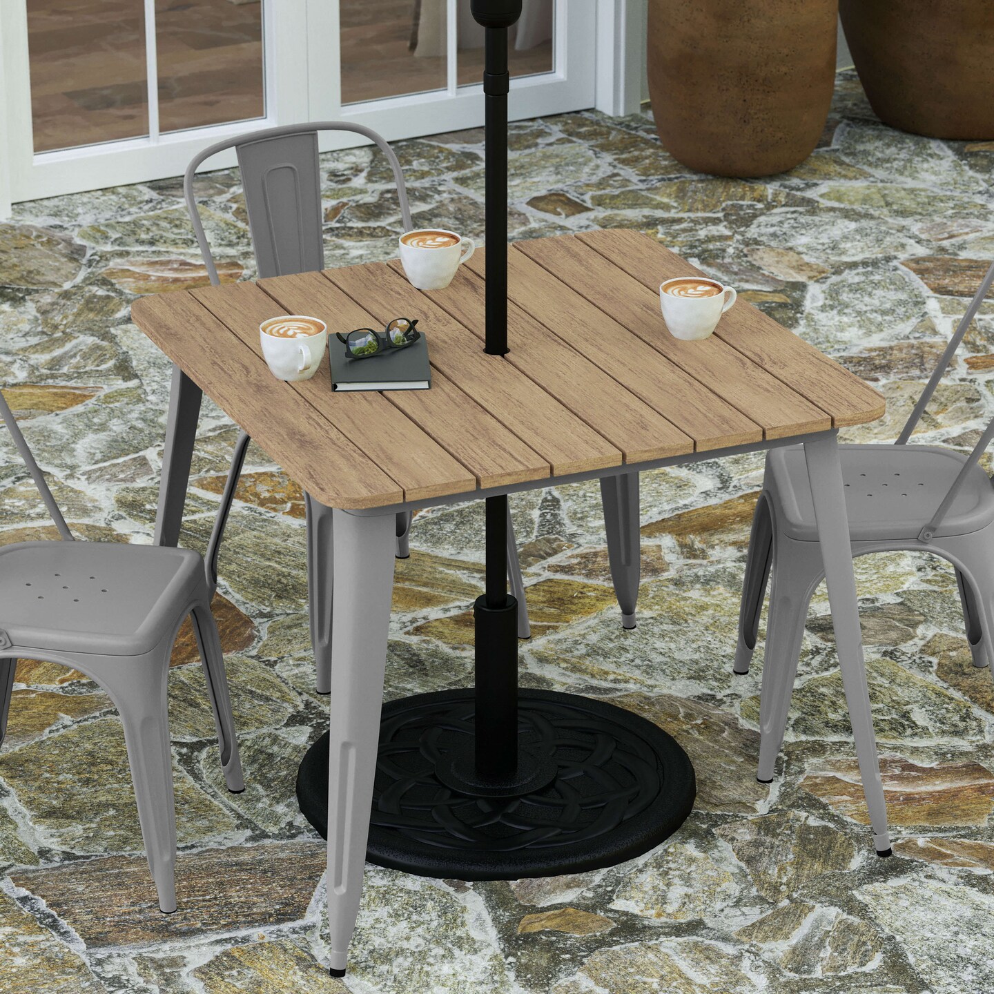 Merrick Lane Dryden Indoor/Outdoor Dining Table with Umbrella Hole, 36" Square All Weather Poly Resin Top and Steel Base
