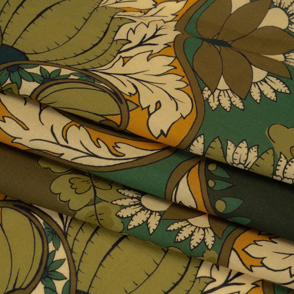 1 Yard Cotton Voile Fabric Olive Green Teal and Mango Orange Wavy Floral Stripes Nymphs Harvest Print